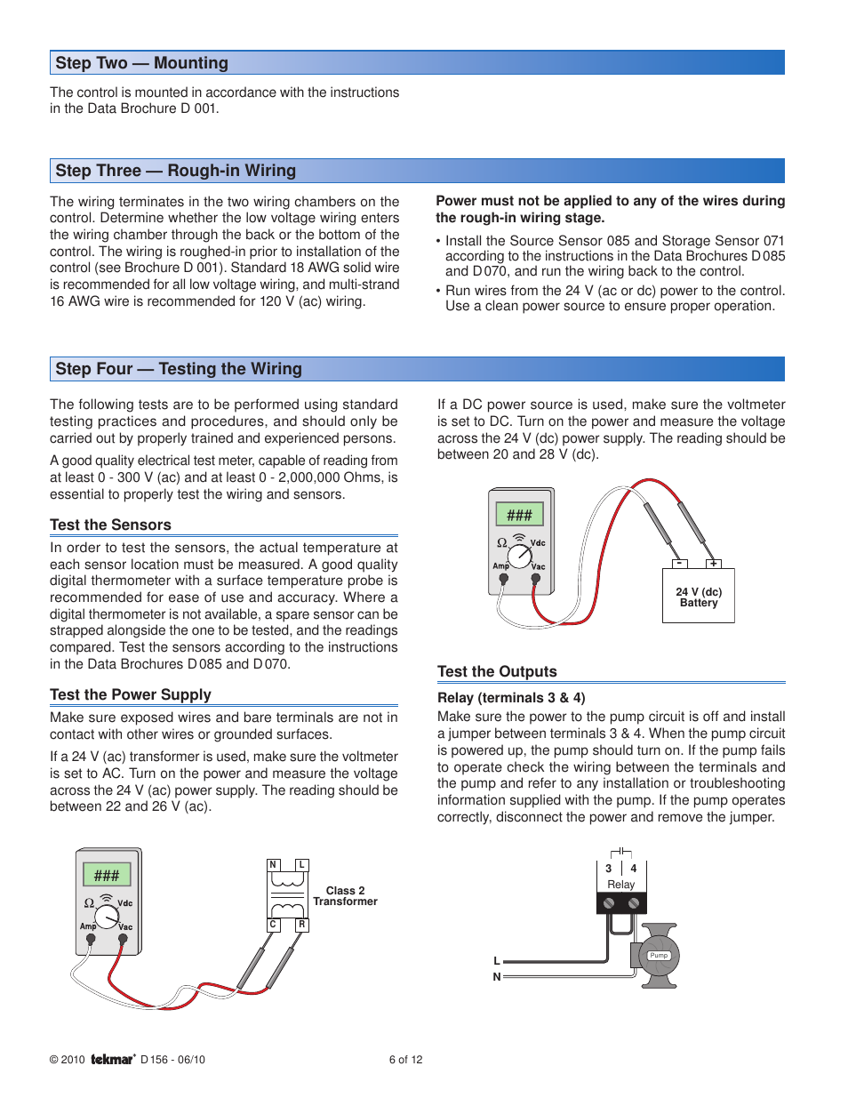 Step two — mounting step three — rough-in wiring, Step four — testing the wiring, Test the sensors | Test the power supply, Test the outputs | tekmar 156 Difference Setpoint Control User Manual | Page 6 / 12