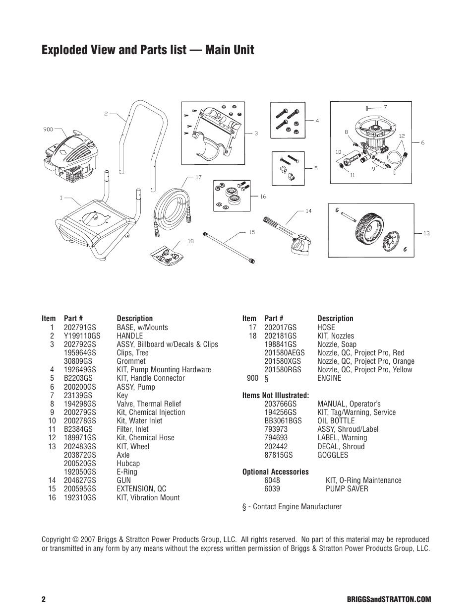 Exploded view and parts list — main unit | Briggs & Stratton 20318 User Manual | Page 2 / 2