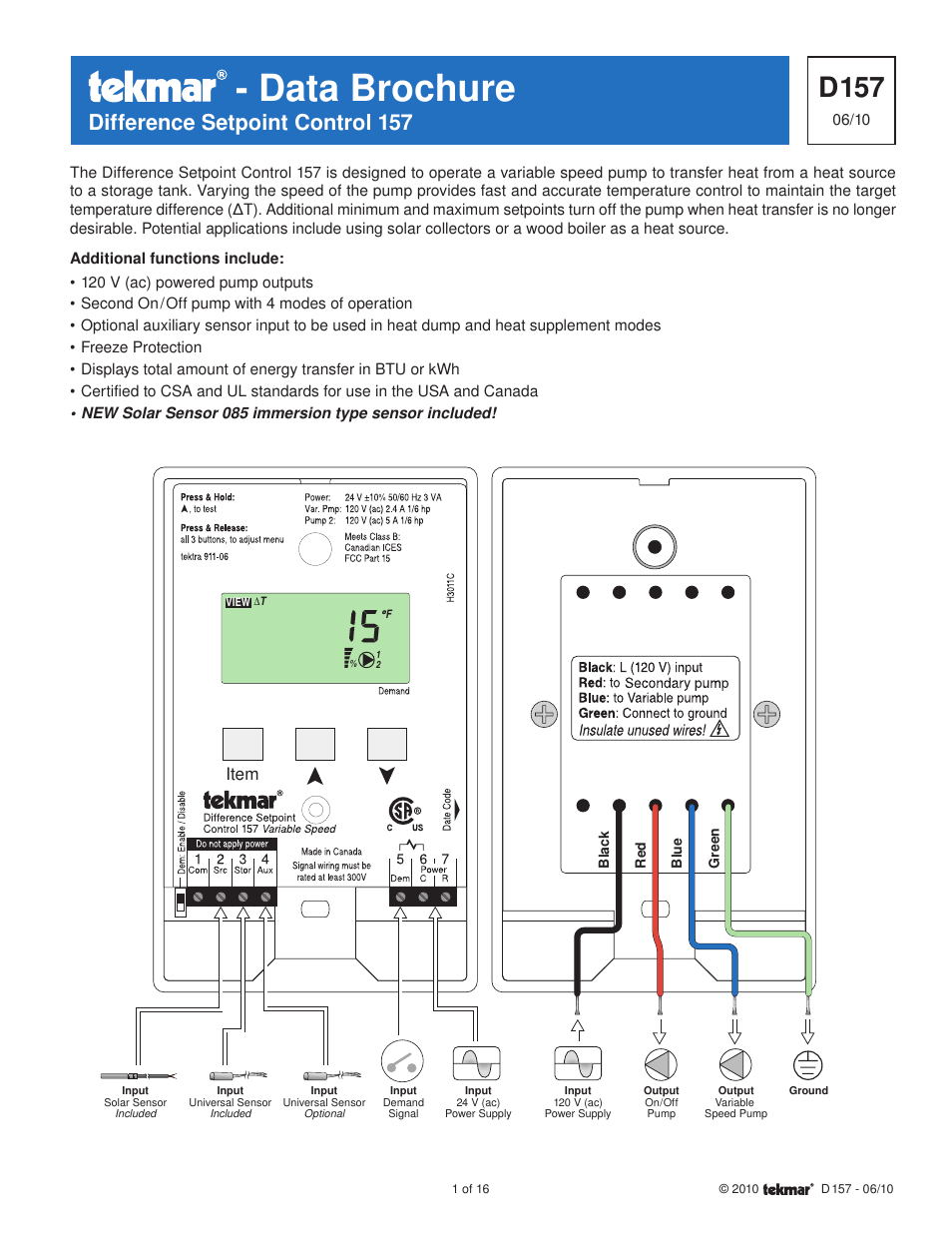 tekmar 157 Difference Setpoint Control User Manual | 16 pages