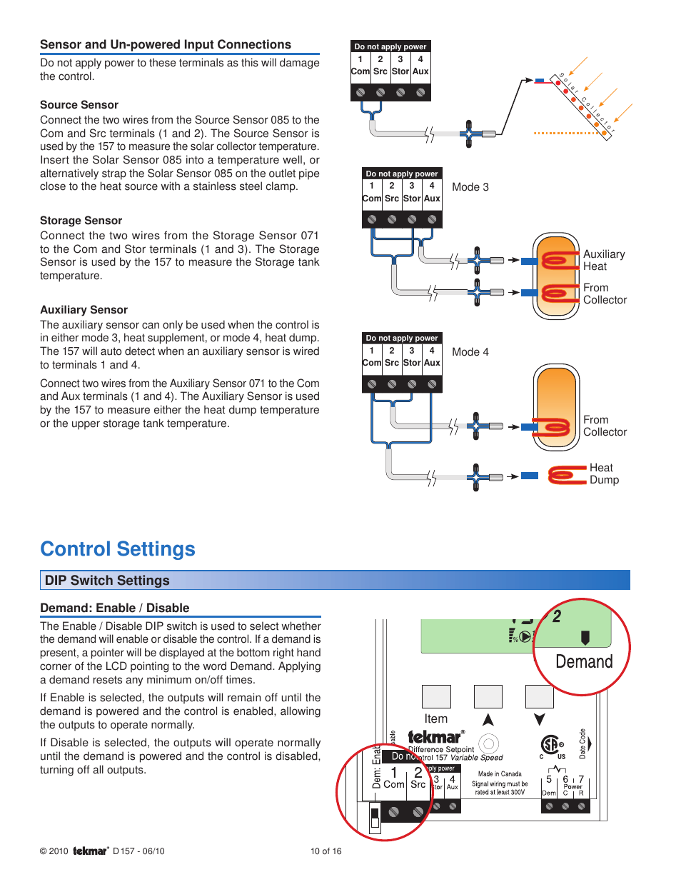 Control settings, Dip switch settings, Item | Demand: enable / disable, Sensor and un-powered input connections | tekmar 157 Difference Setpoint Control User Manual | Page 10 / 16