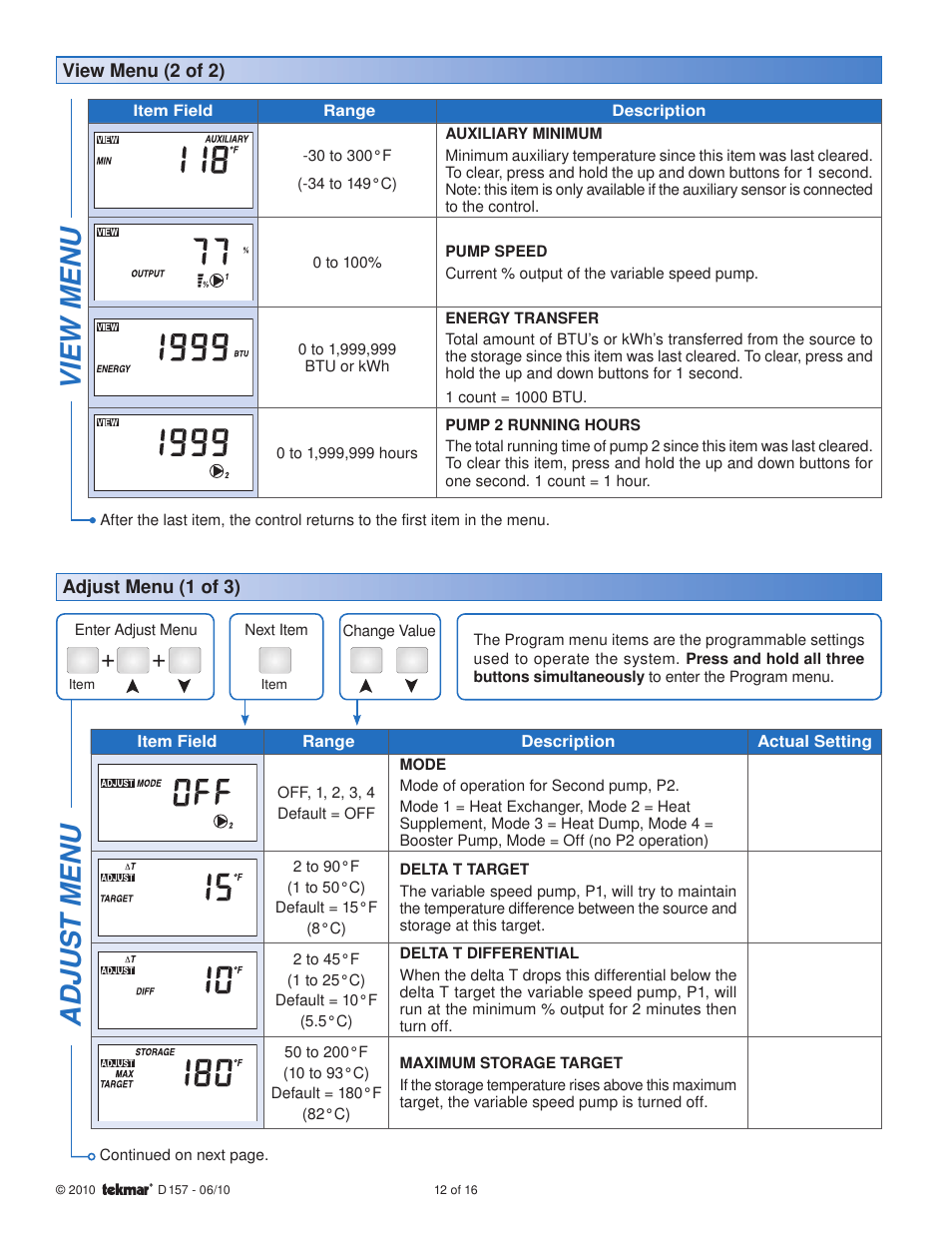 View menu, Adjus t menu | tekmar 157 Difference Setpoint Control User Manual | Page 12 / 16