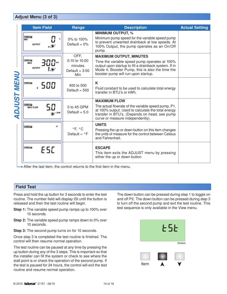 Adjus t menu | tekmar 157 Difference Setpoint Control User Manual | Page 14 / 16