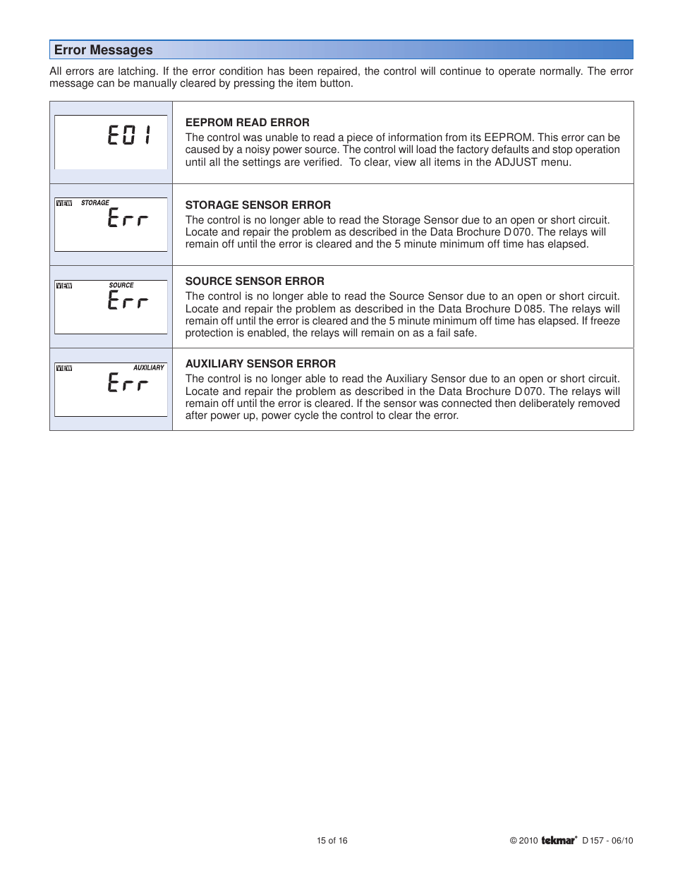 Error messages | tekmar 157 Difference Setpoint Control User Manual | Page 15 / 16