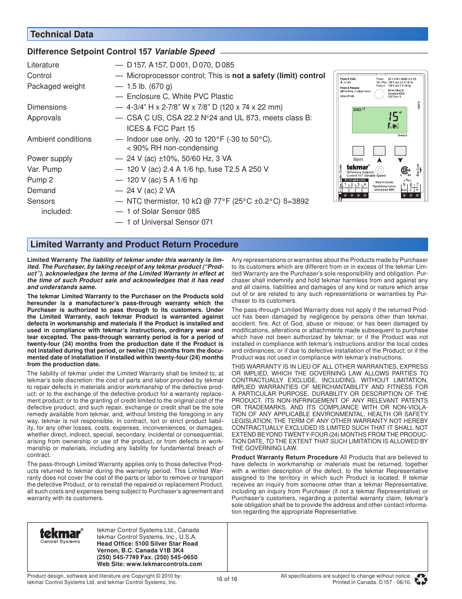 tekmar 157 Difference Setpoint Control User Manual | Page 16 / 16