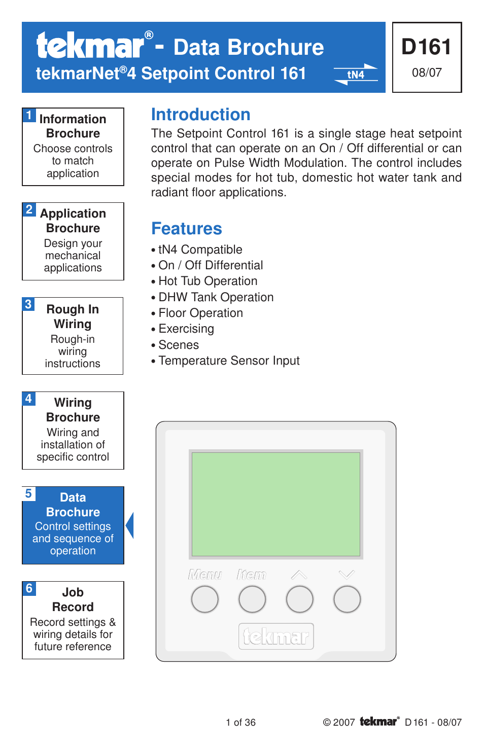 tekmar 161 Setpoint Control Installation User Manual | 36 pages