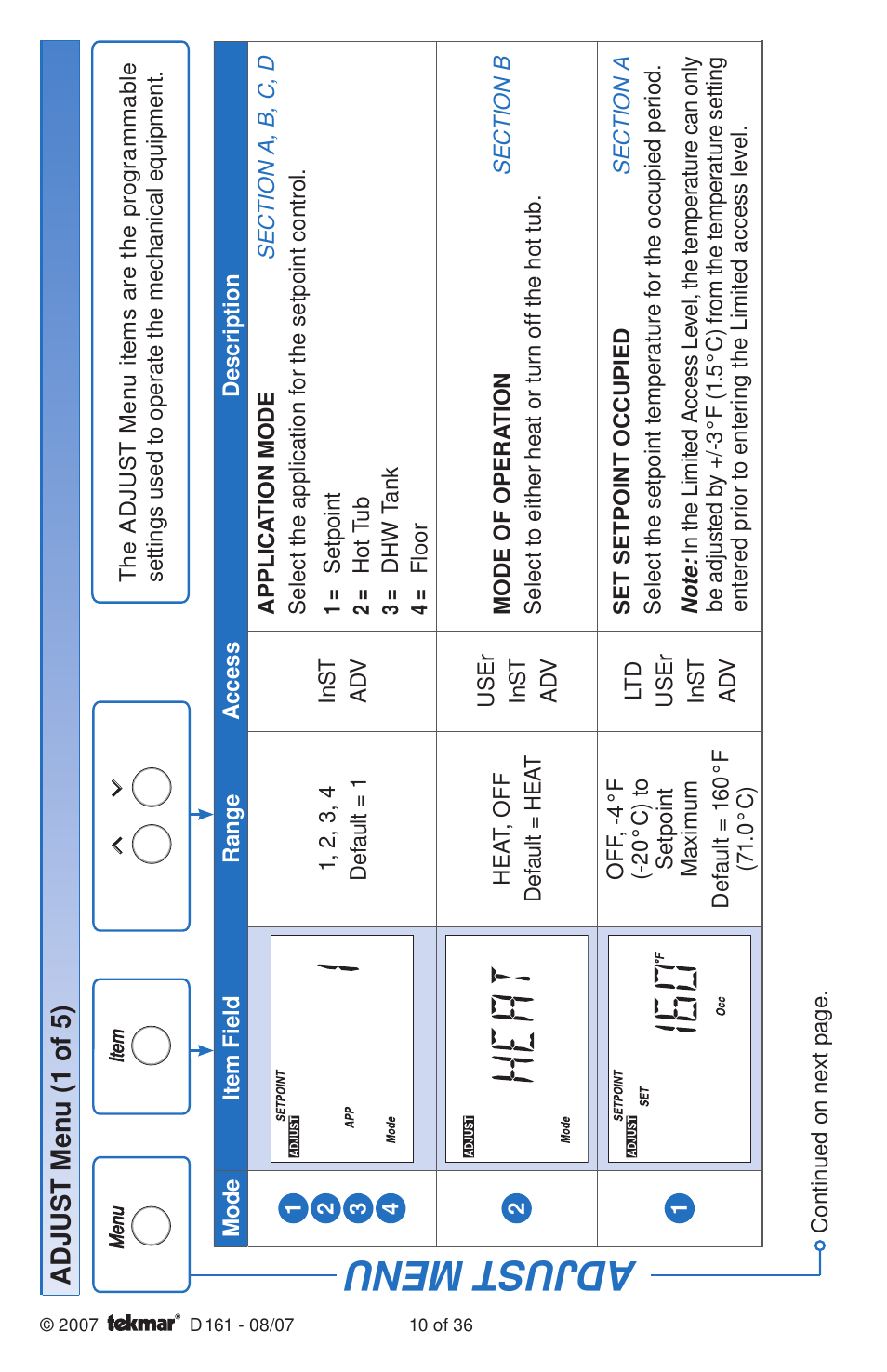Adjust menu, Adjus t menu (1 of 5) | tekmar 161 Setpoint Control Installation User Manual | Page 10 / 36