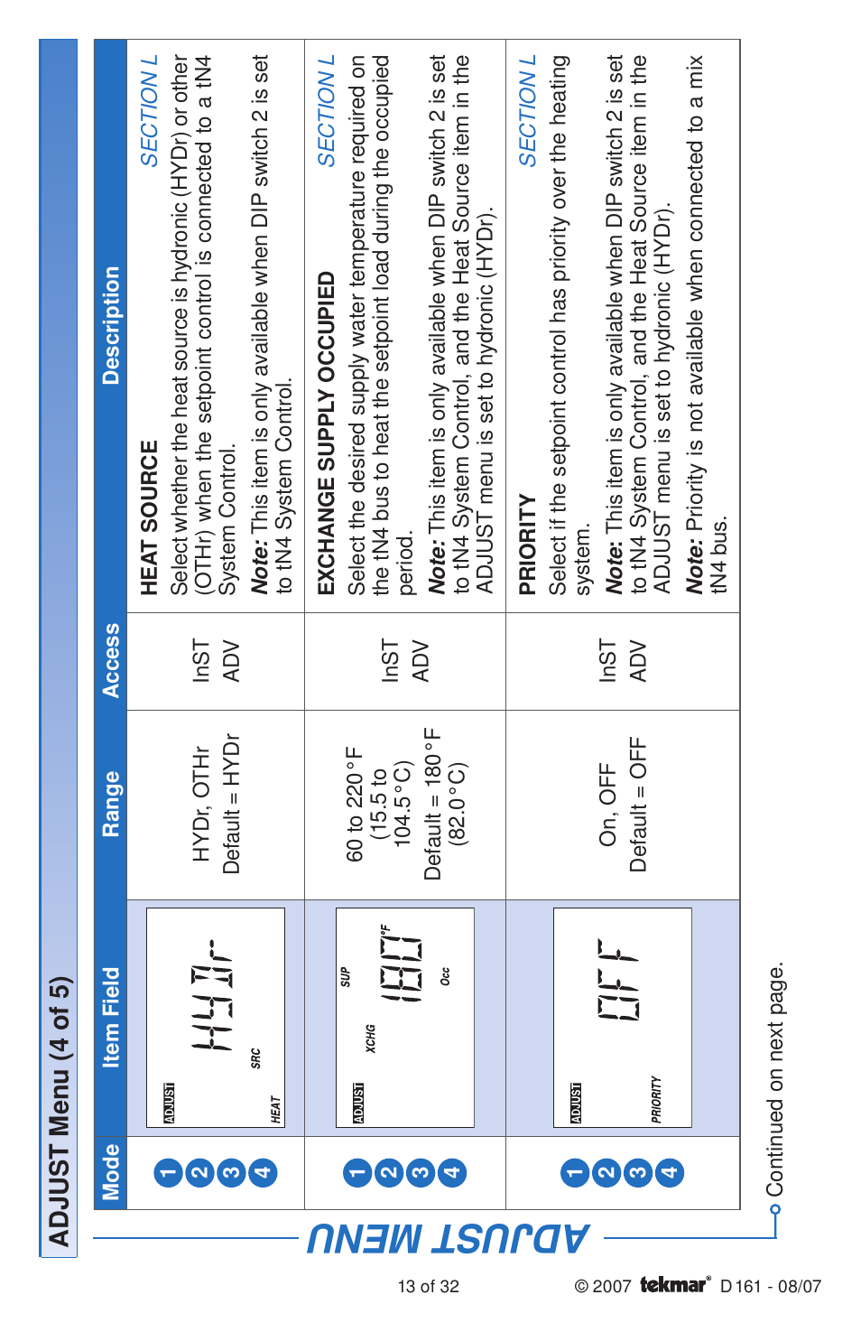 Adjust menu, Adjus t menu (4 of 5) | tekmar 161 Setpoint Control Installation User Manual | Page 13 / 36