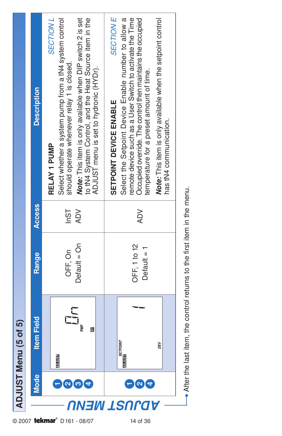 Adjust menu, Adjus t menu (5 of 5) | tekmar 161 Setpoint Control Installation User Manual | Page 14 / 36