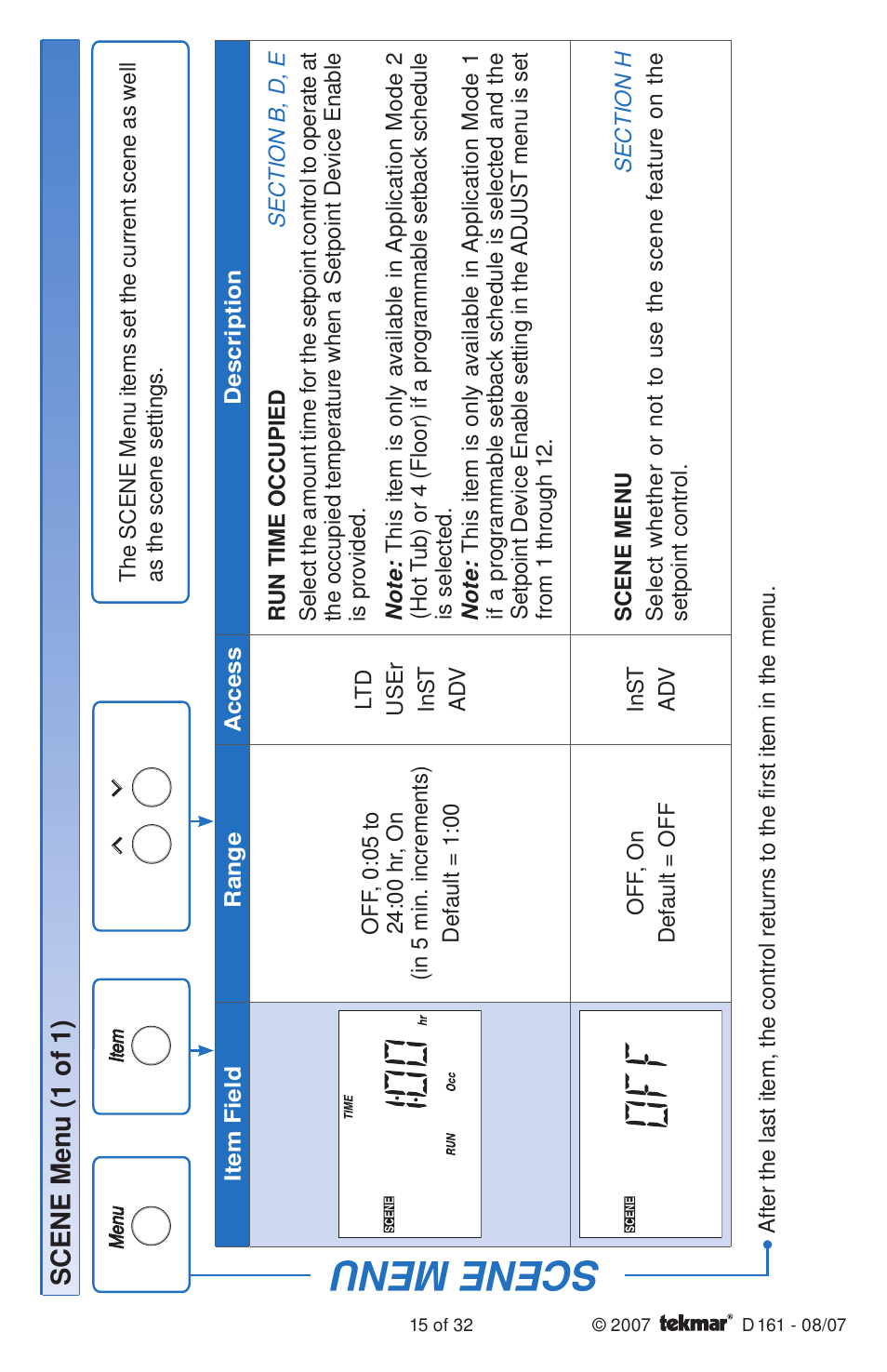 Scene menu, Scene menu (1 of 1) | tekmar 161 Setpoint Control Installation User Manual | Page 15 / 36