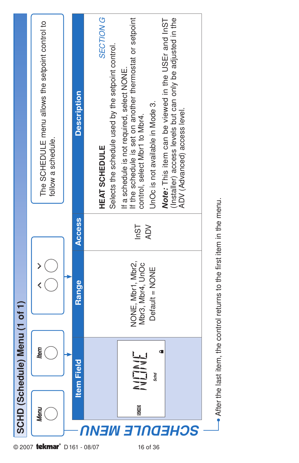 Schedule menu, Schd (schedule) menu (1 of 1) | tekmar 161 Setpoint Control Installation User Manual | Page 16 / 36