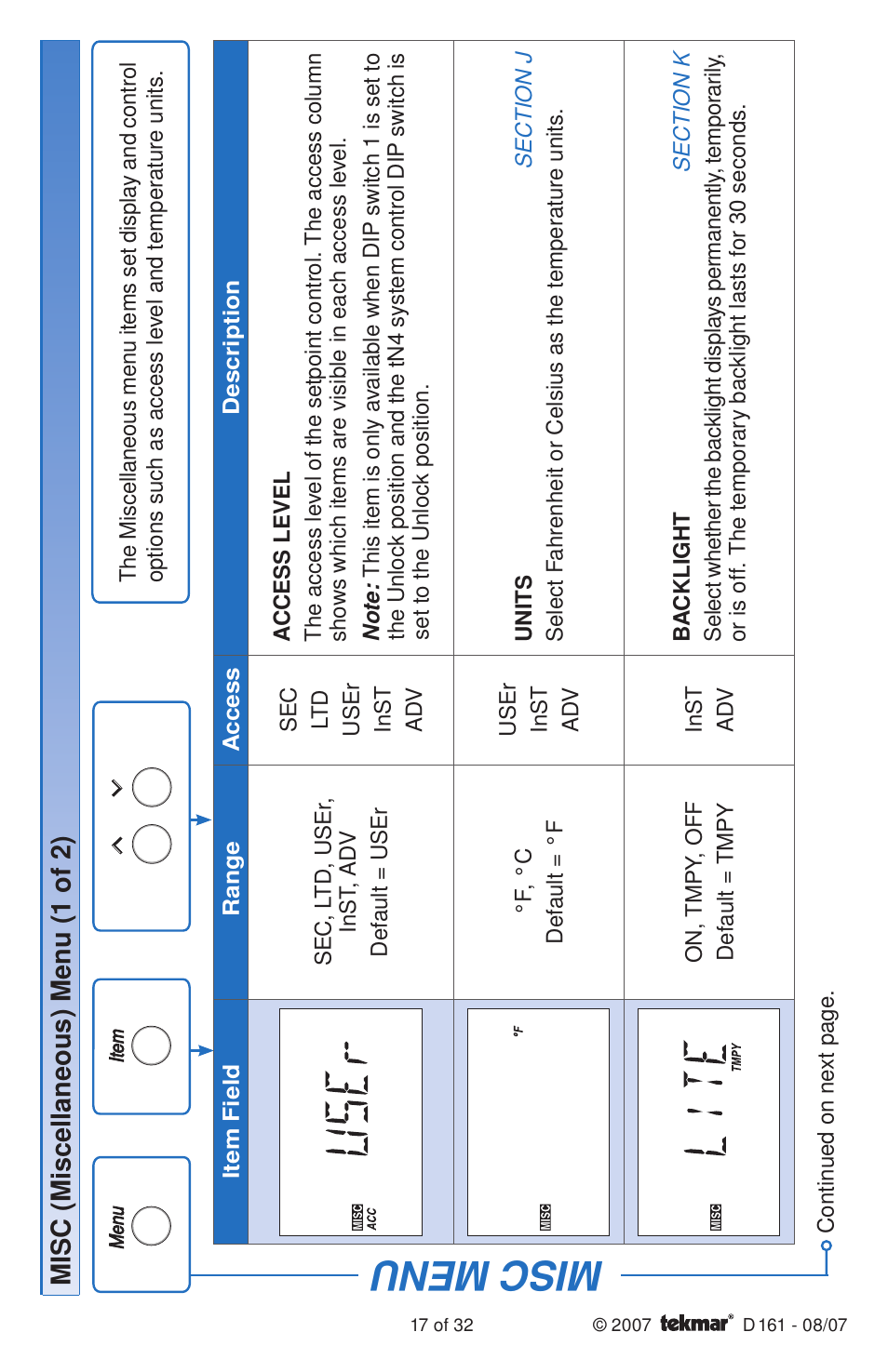 Misc menu, Misc (miscellaneous) menu (1 of 2) | tekmar 161 Setpoint Control Installation User Manual | Page 17 / 36