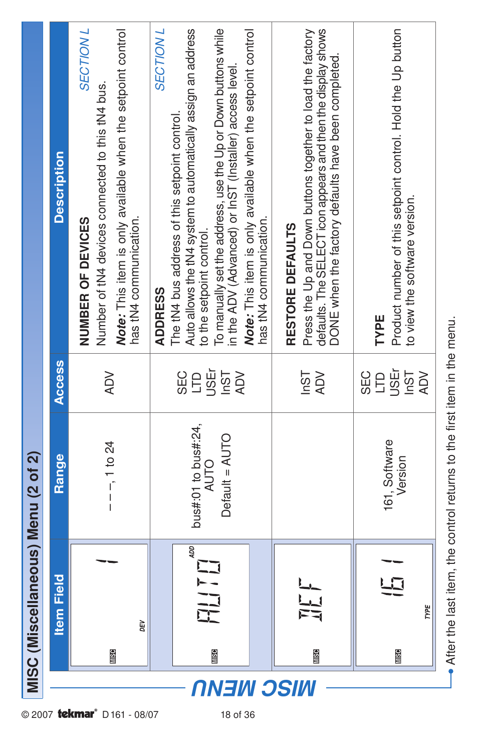 Misc menu, Misc (miscellaneous) menu (2 of 2) | tekmar 161 Setpoint Control Installation User Manual | Page 18 / 36