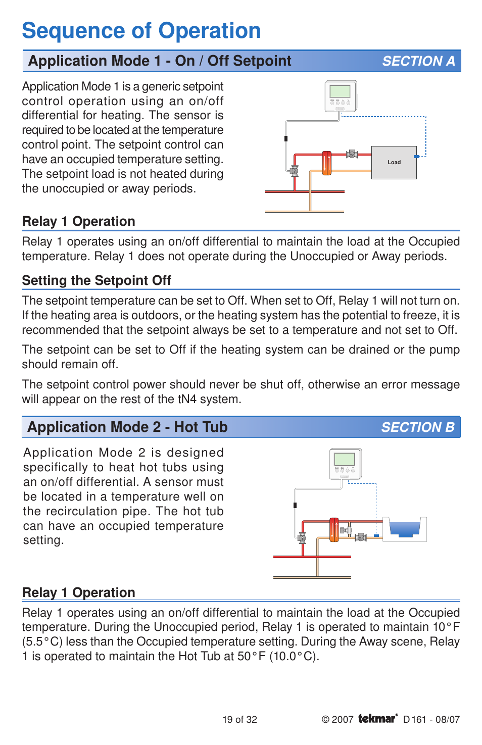 Sequence of operation, Application mode 1 - on / off setpoint, Application mode 2 - hot tub | tekmar 161 Setpoint Control Installation User Manual | Page 19 / 36