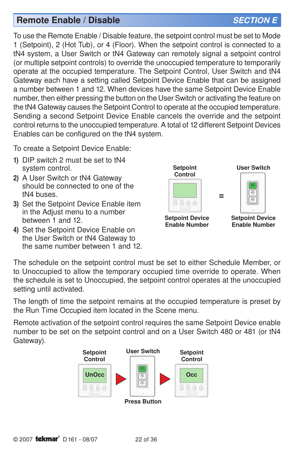 Remote enable / disable, Setpoint device enable number | tekmar 161 Setpoint Control Installation User Manual | Page 22 / 36