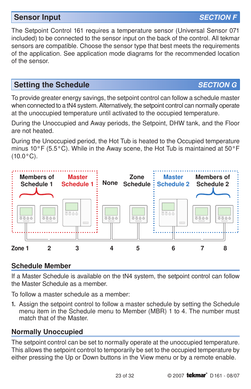 Sensor input, Setting the schedule | tekmar 161 Setpoint Control Installation User Manual | Page 23 / 36