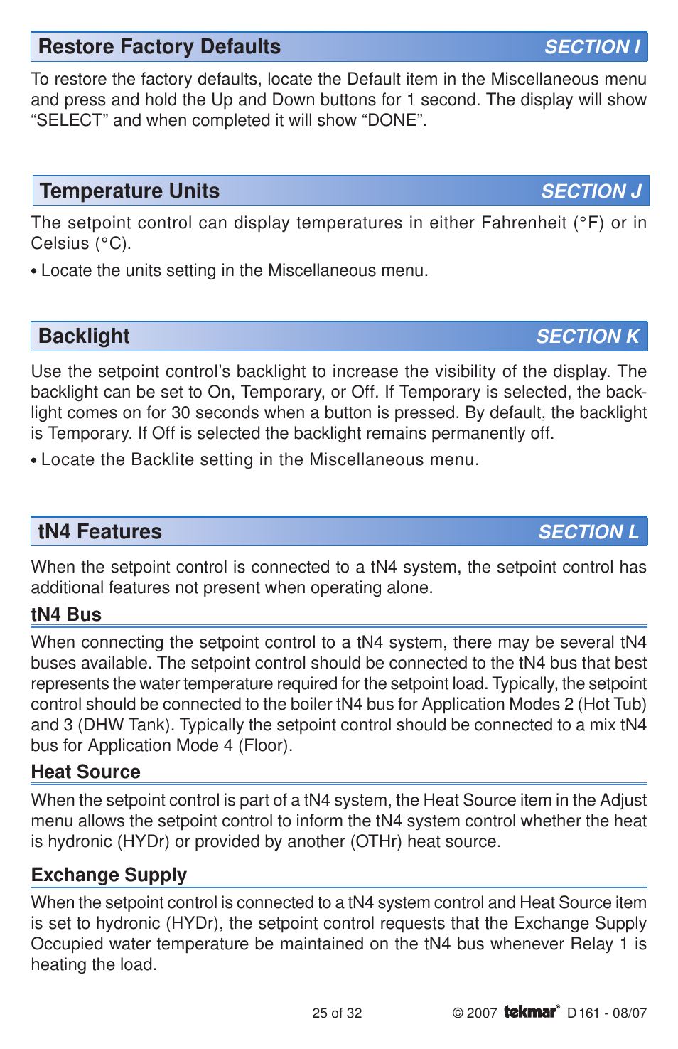 Restore factory defaults, Temperature units, Backlight | Tn4 features | tekmar 161 Setpoint Control Installation User Manual | Page 25 / 36