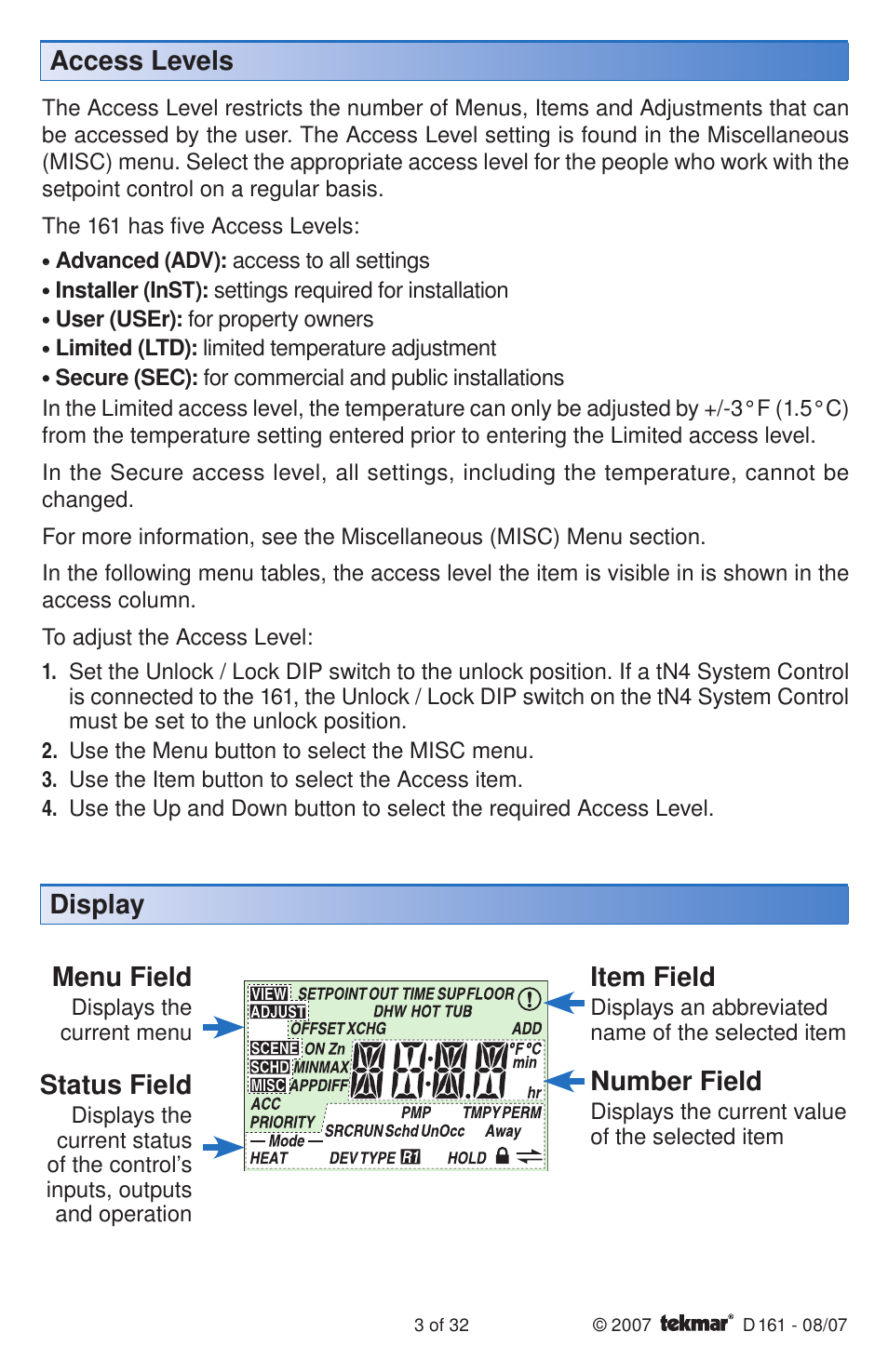 Item field, Number field, Status field | Menu field, Access levels display | tekmar 161 Setpoint Control Installation User Manual | Page 3 / 36