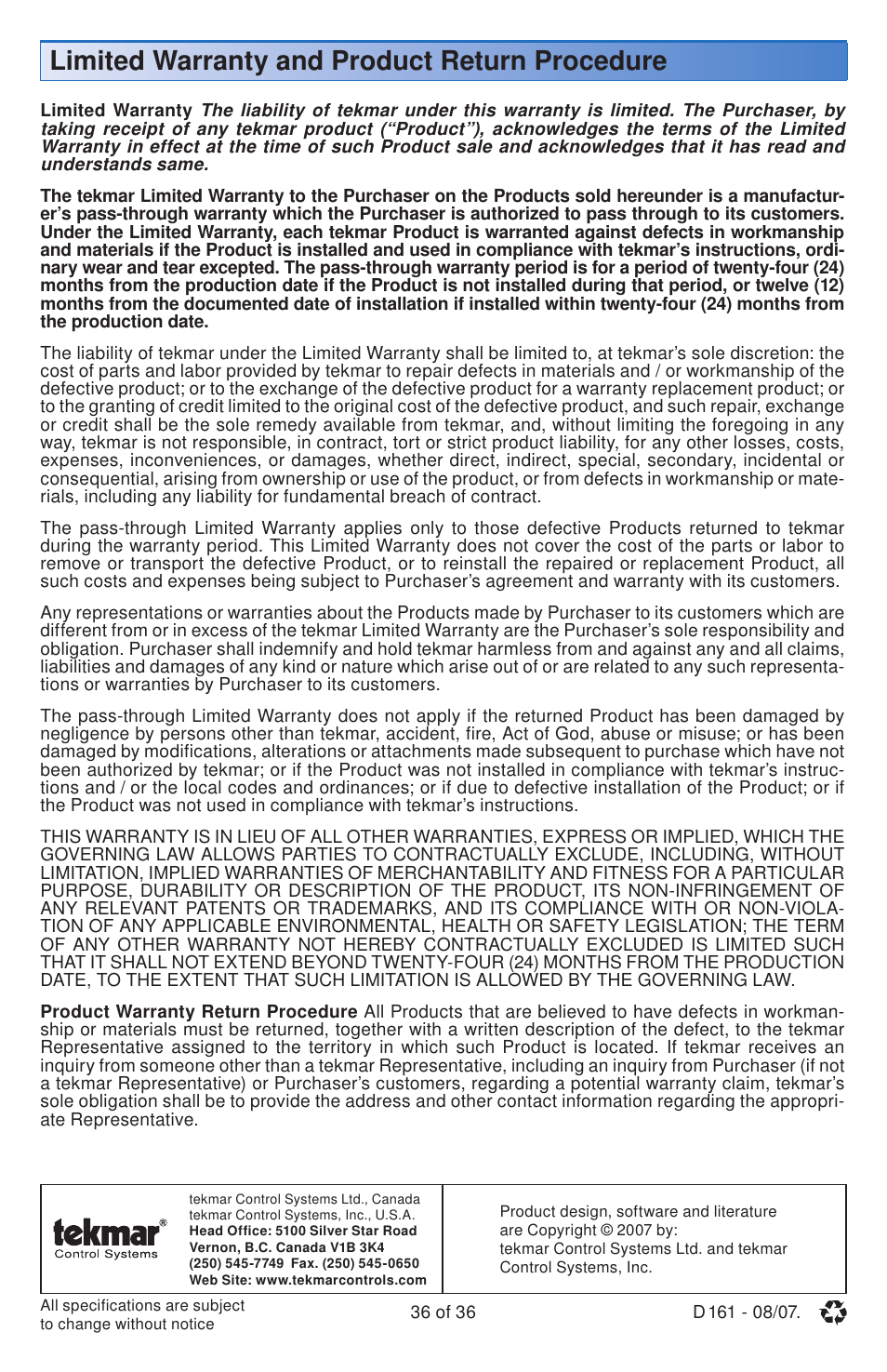 Limited warranty and product return procedure | tekmar 161 Setpoint Control Installation User Manual | Page 36 / 36