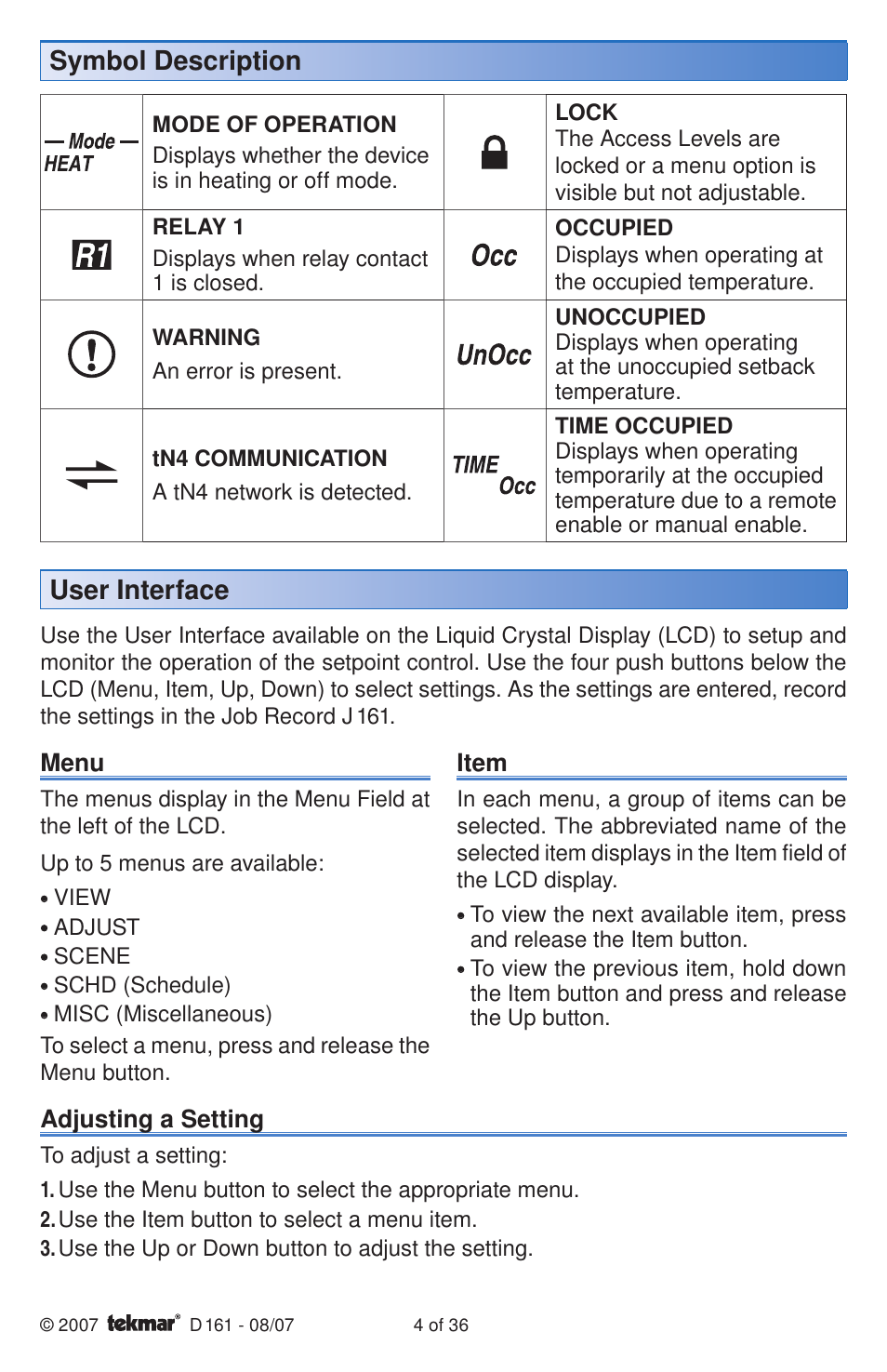 Symbol description, User interface | tekmar 161 Setpoint Control Installation User Manual | Page 4 / 36