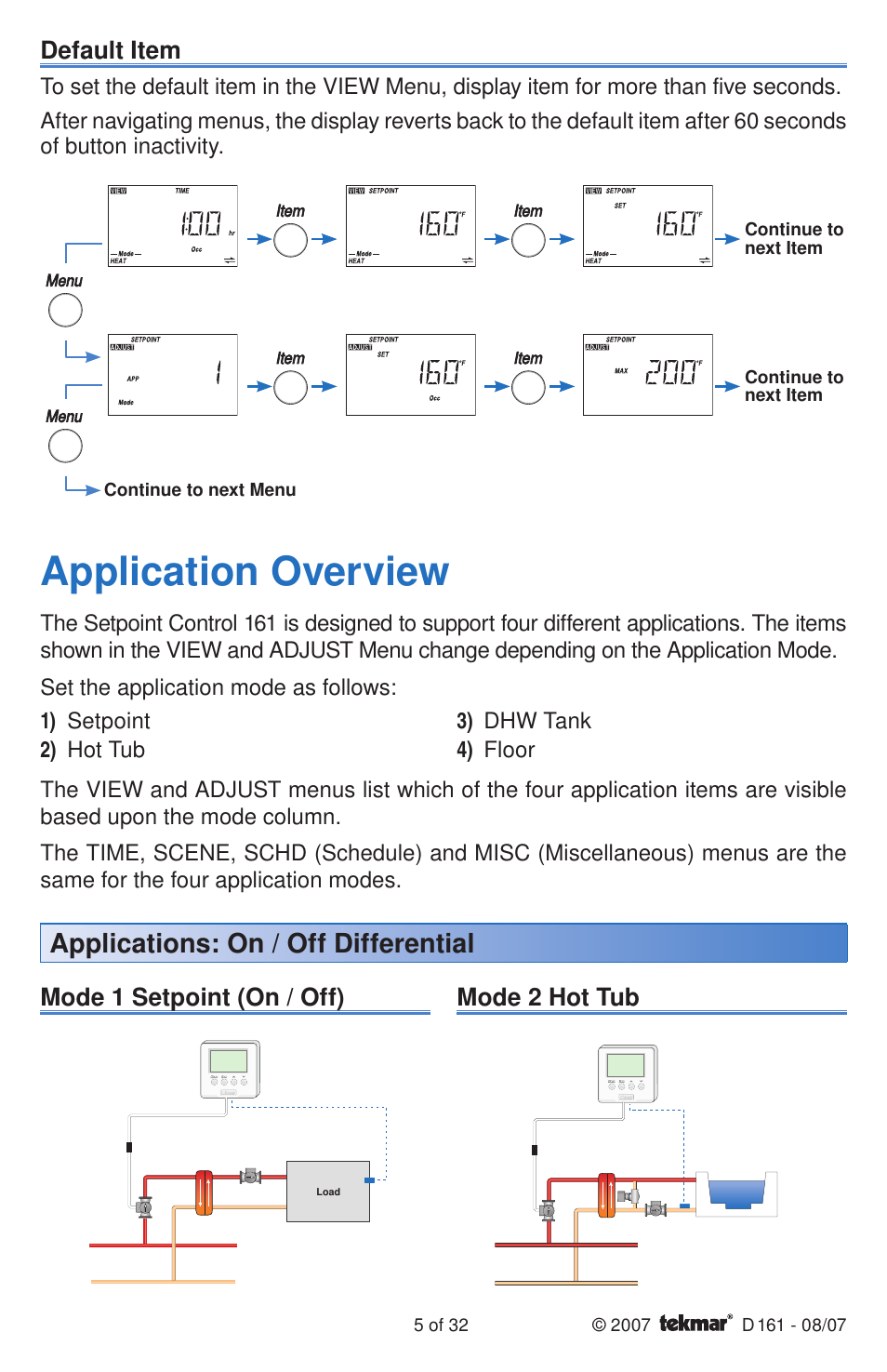 Application overview, Applications: on / off differential | tekmar 161 Setpoint Control Installation User Manual | Page 5 / 36