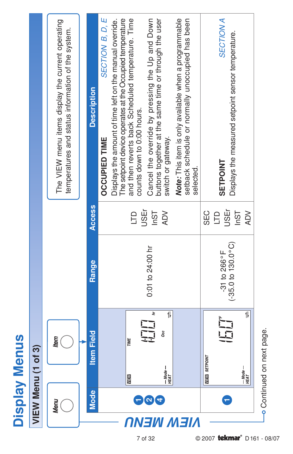 View menu, Displa y menus, View menu (1 of 3) | tekmar 161 Setpoint Control Installation User Manual | Page 7 / 36