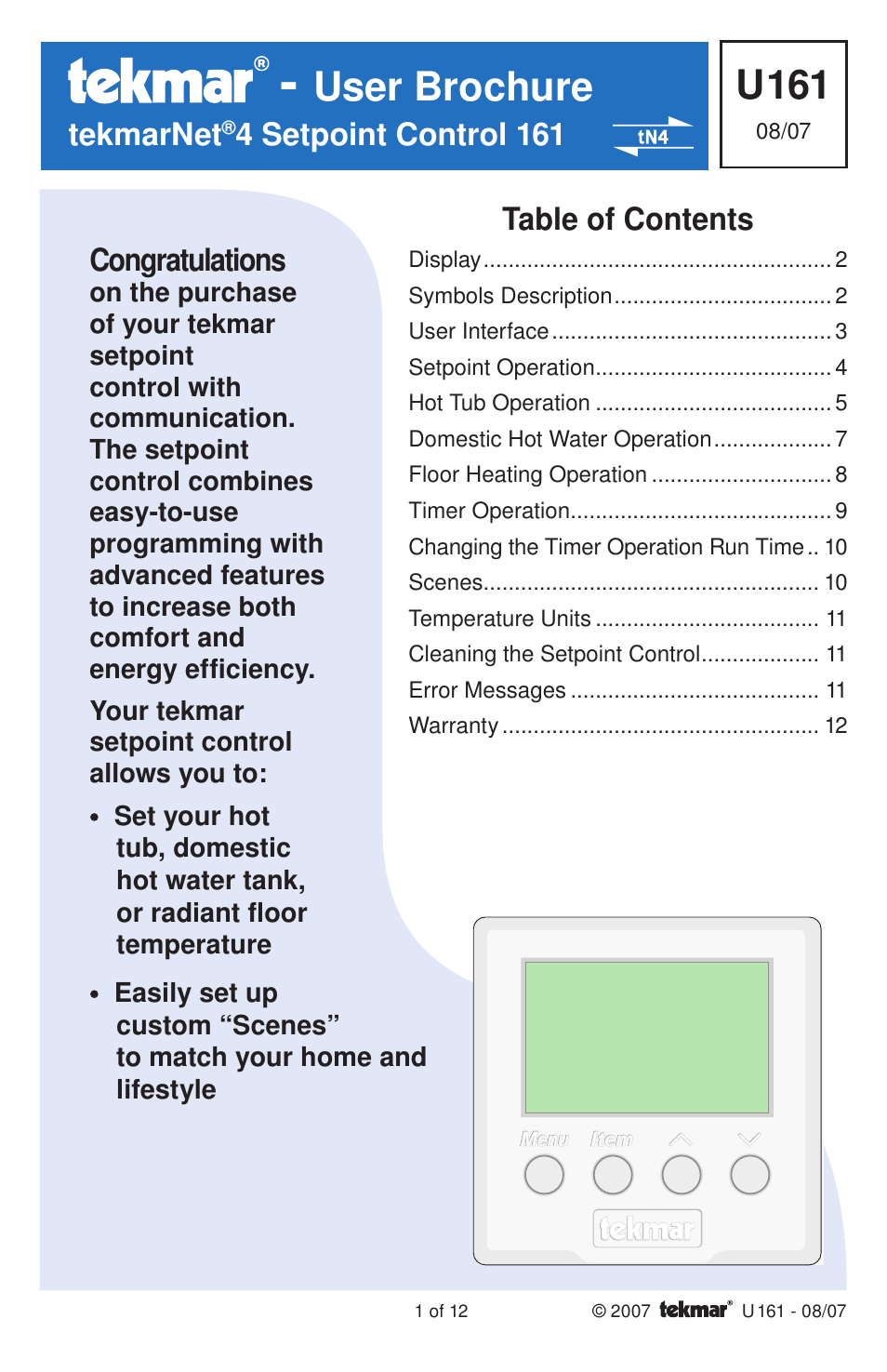 tekmar 161 Setpoint Control User Manuals User Manual | 12 pages