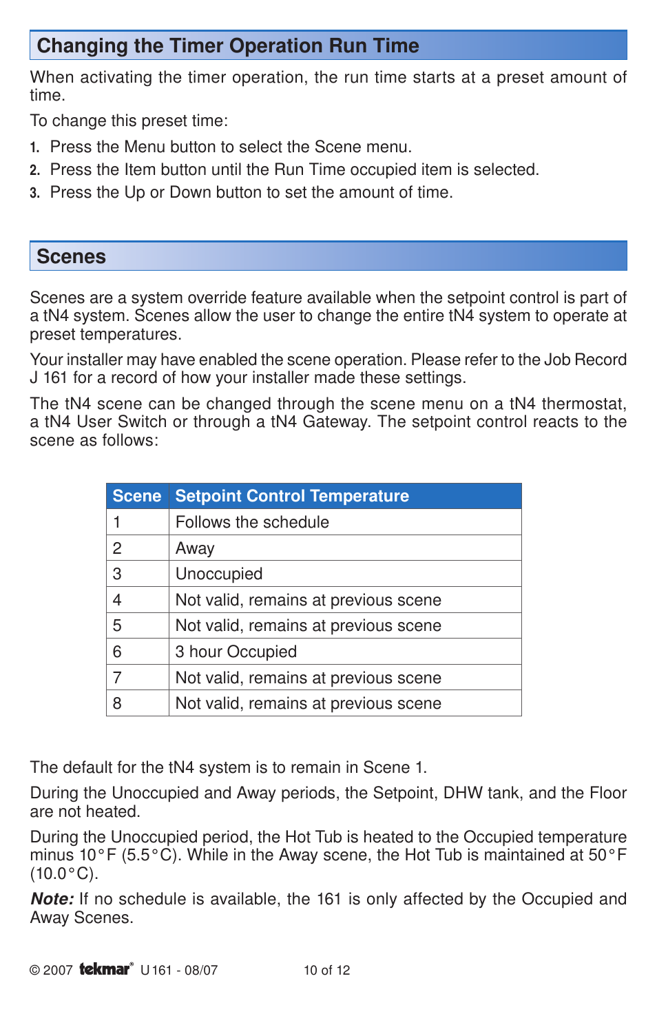 Changing the timer operation run time, Scenes | tekmar 161 Setpoint Control User Manuals User Manual | Page 10 / 12