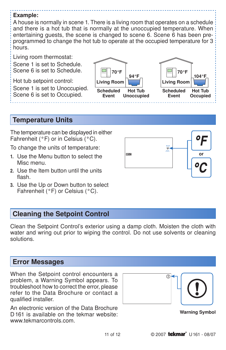 Temperature units, Cleaning the setpoint control, Error messages | tekmar 161 Setpoint Control User Manuals User Manual | Page 11 / 12