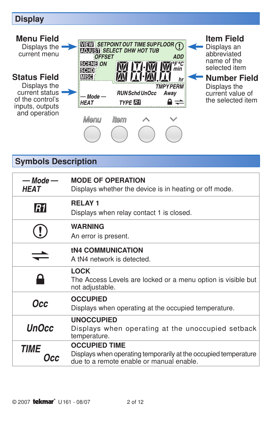 Item field, Number field, Status field | Menu field, Display symbols description | tekmar 161 Setpoint Control User Manuals User Manual | Page 2 / 12