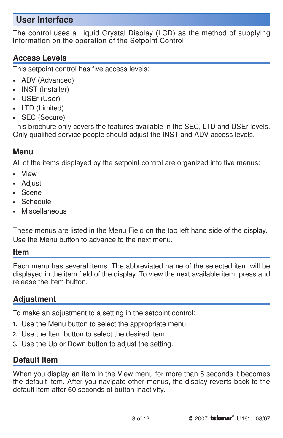 User interface | tekmar 161 Setpoint Control User Manuals User Manual | Page 3 / 12