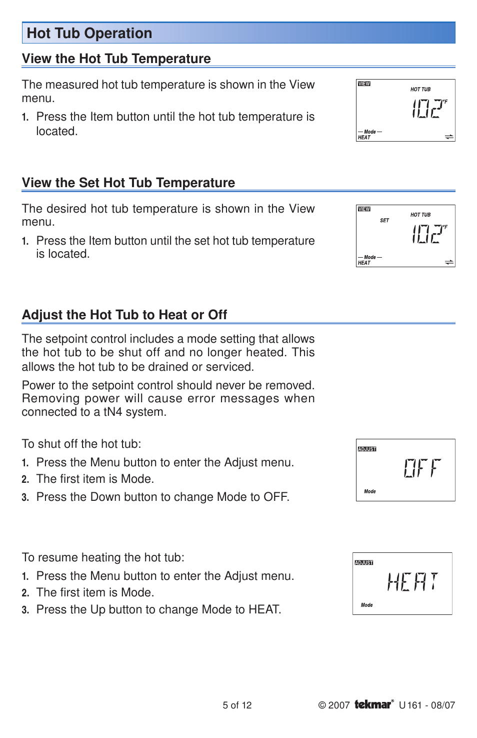 Hot tub operation | tekmar 161 Setpoint Control User Manuals User Manual | Page 5 / 12