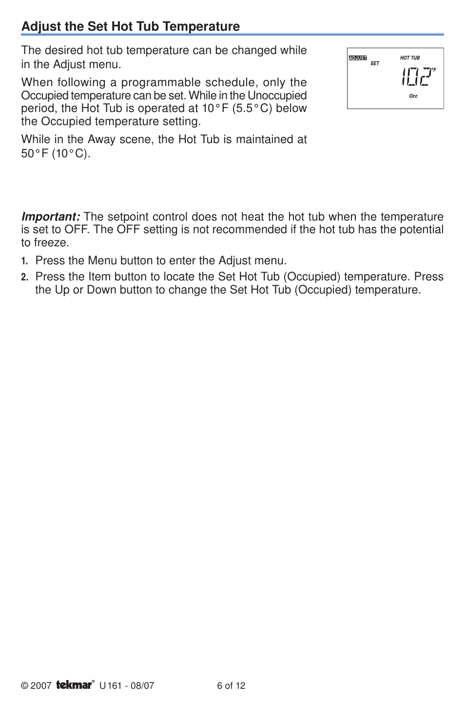 Adjust the set hot tub temperature | tekmar 161 Setpoint Control User Manuals User Manual | Page 6 / 12