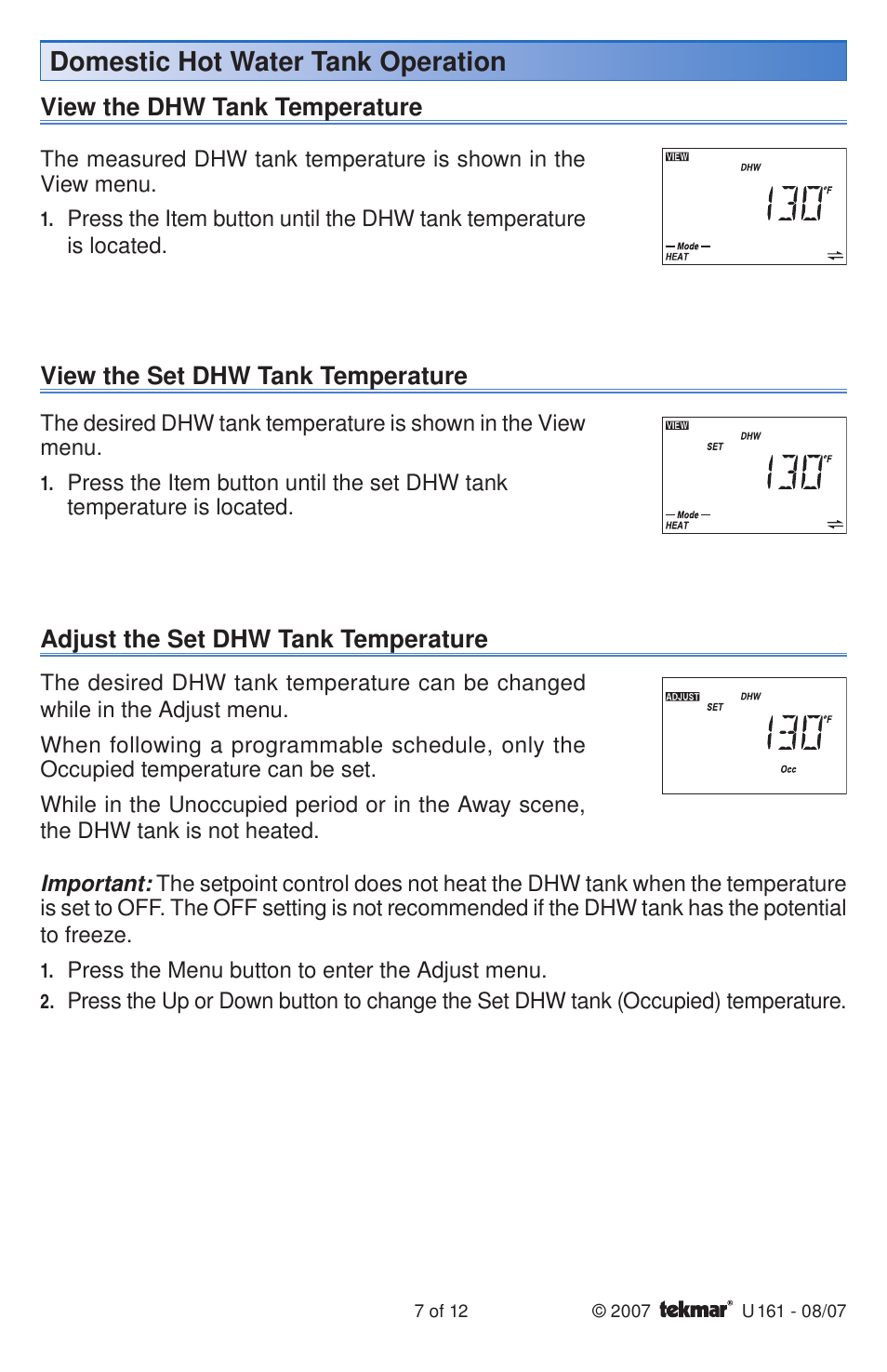 Domestic hot water tank operation | tekmar 161 Setpoint Control User Manuals User Manual | Page 7 / 12