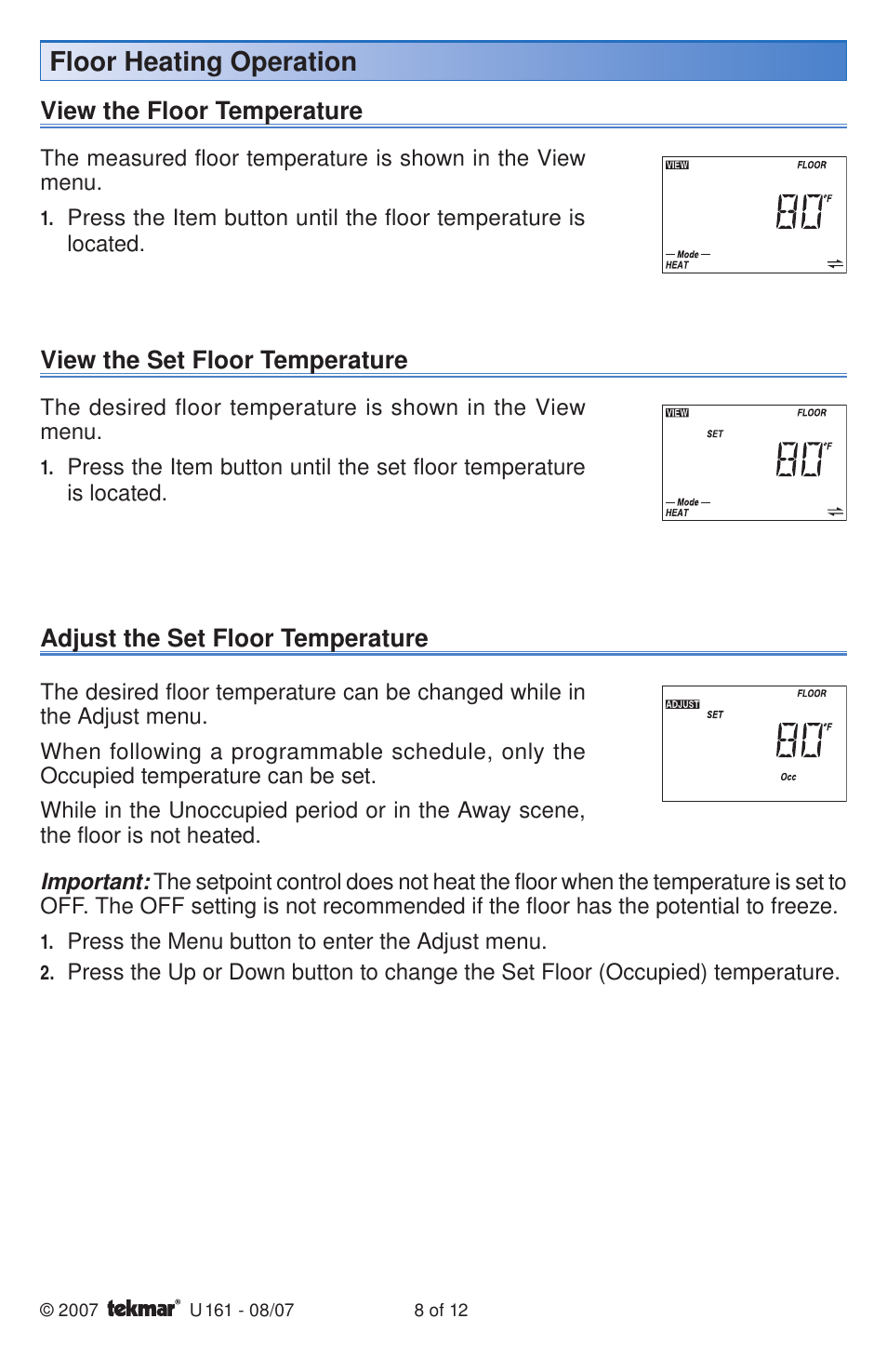 Floor heating operation | tekmar 161 Setpoint Control User Manuals User Manual | Page 8 / 12