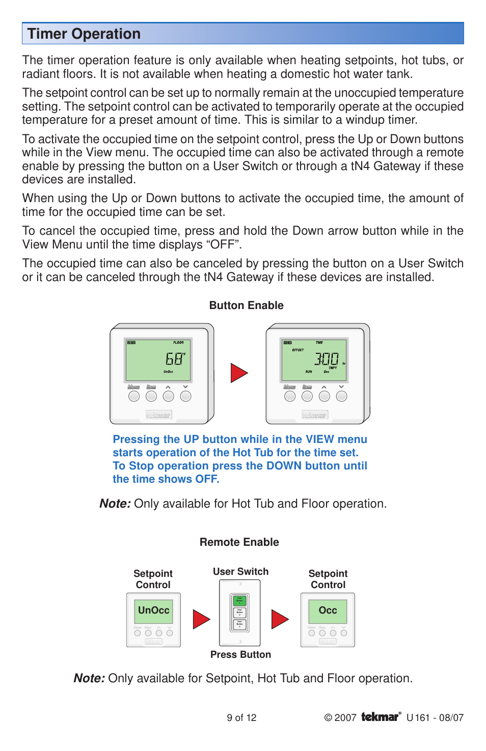 Timer operation, Only available for hot tub and floor operation, Remote enable | tekmar 161 Setpoint Control User Manuals User Manual | Page 9 / 12