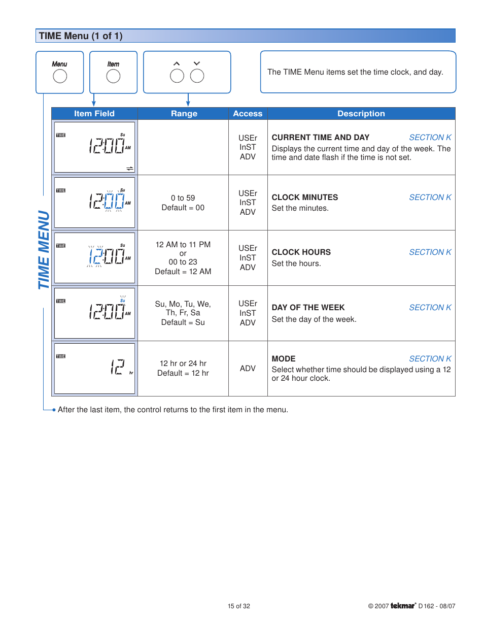 Time menu | tekmar 162 Setpoint Control Installation User Manual | Page 15 / 32