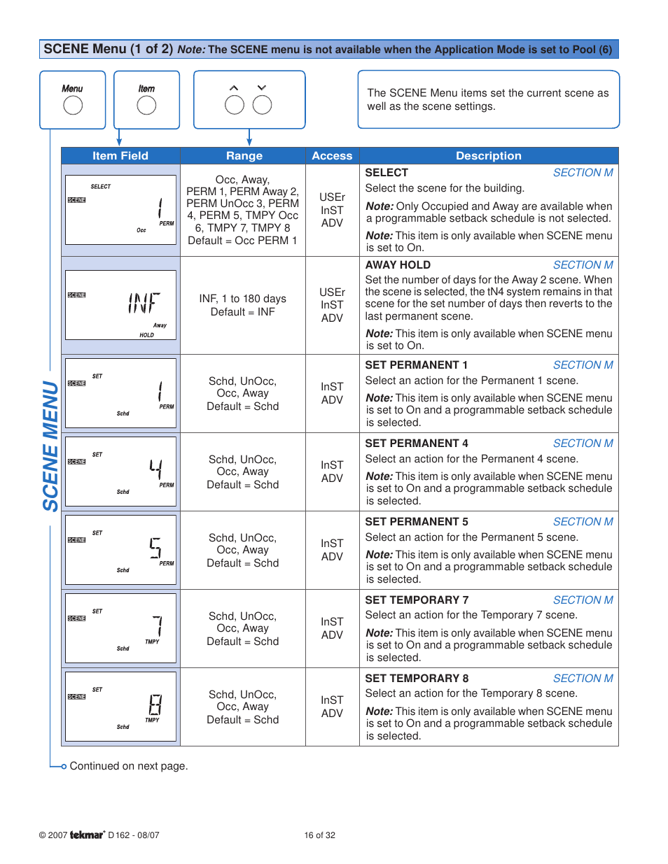 Scene menu | tekmar 162 Setpoint Control Installation User Manual | Page 16 / 32