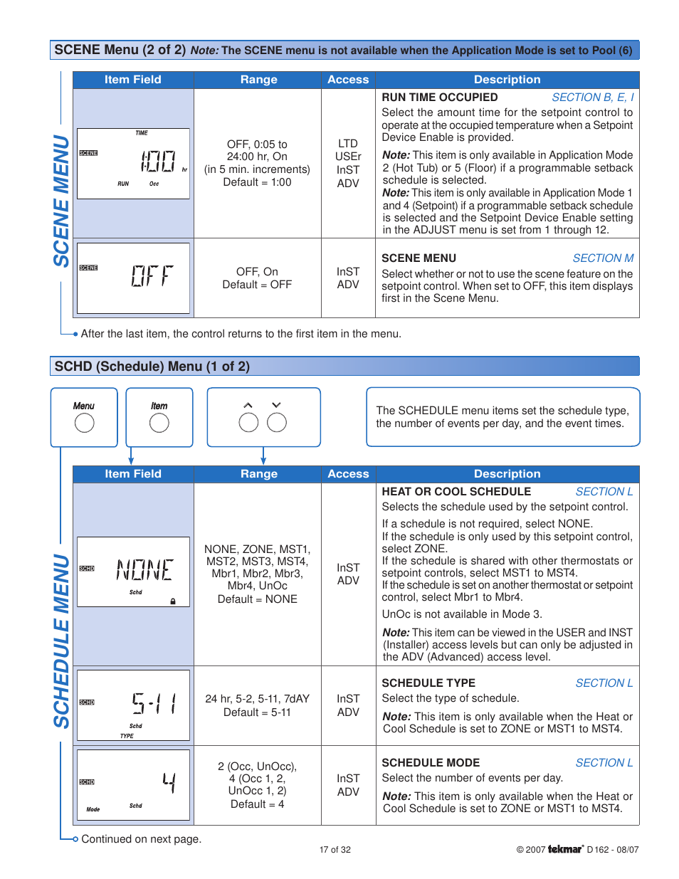 Scene menu, Sc hedule menu | tekmar 162 Setpoint Control Installation User Manual | Page 17 / 32