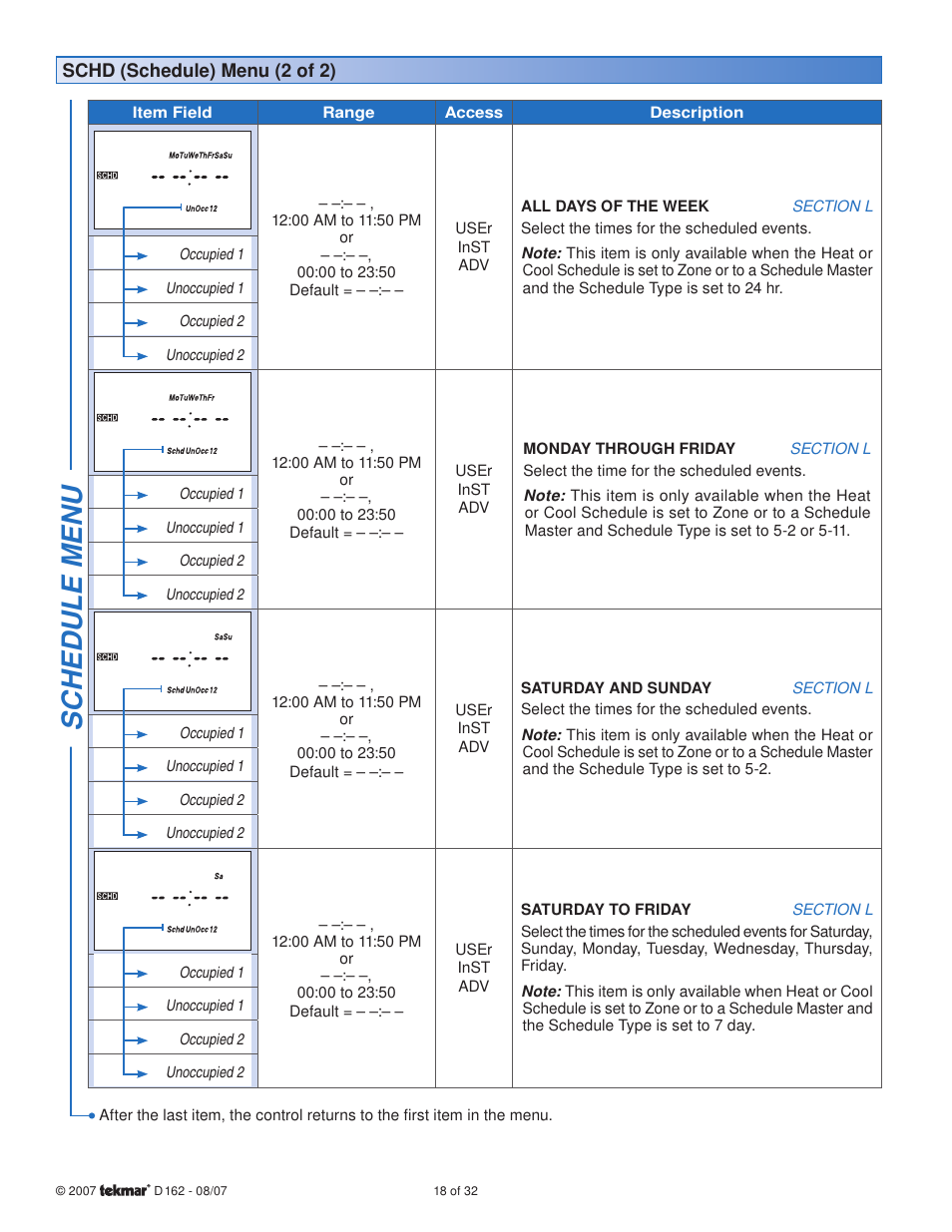 Sc hedule menu | tekmar 162 Setpoint Control Installation User Manual | Page 18 / 32