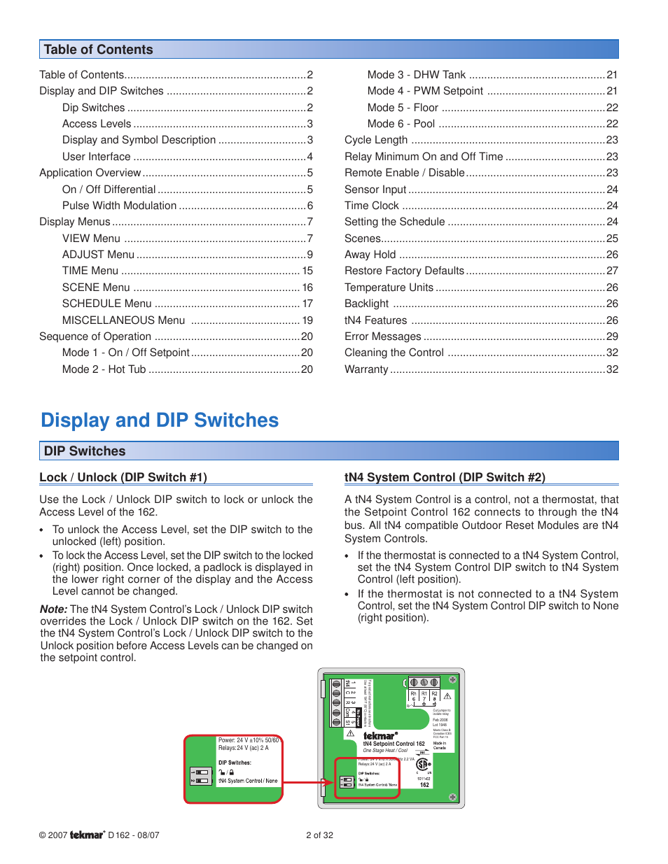 Display and dip switches, Table of contents dip switches | tekmar 162 Setpoint Control Installation User Manual | Page 2 / 32