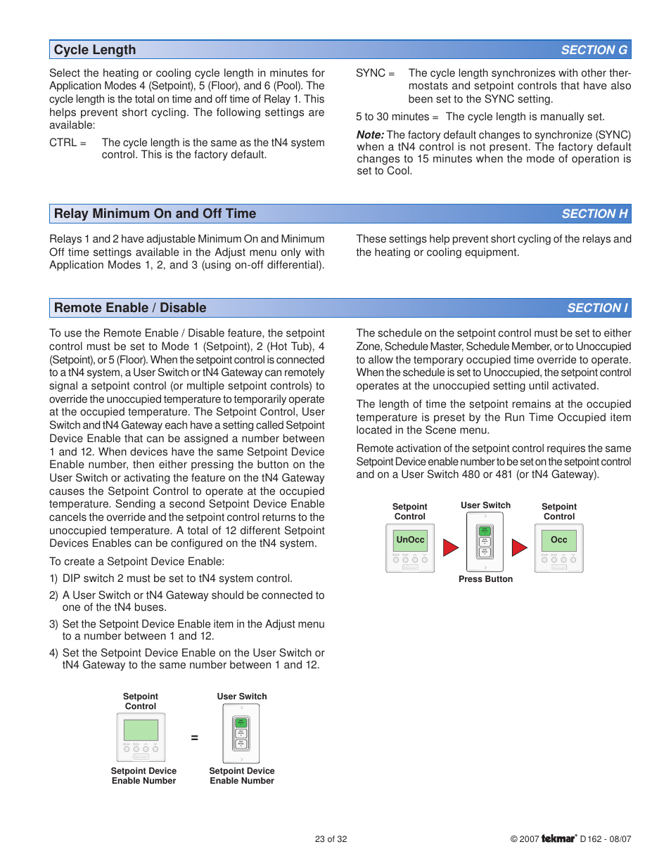 Cycle length, Relay minimum on and off time, Remote enable / disable | tekmar 162 Setpoint Control Installation User Manual | Page 23 / 32