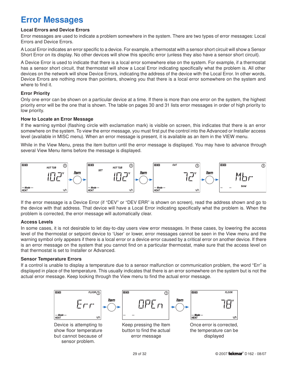 Error messages | tekmar 162 Setpoint Control Installation User Manual | Page 29 / 32