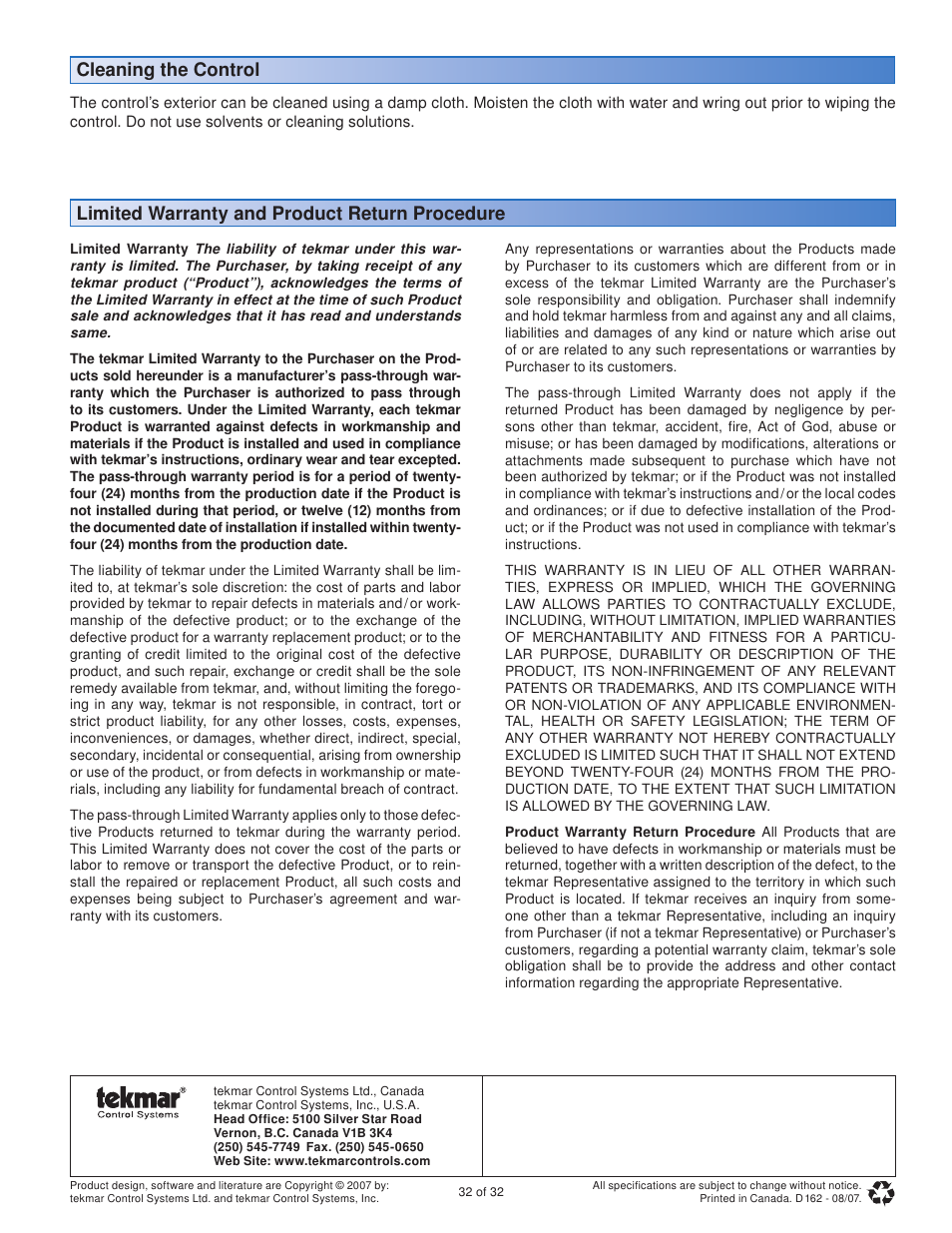 Limited warranty and product return procedure, Cleaning the control | tekmar 162 Setpoint Control Installation User Manual | Page 32 / 32