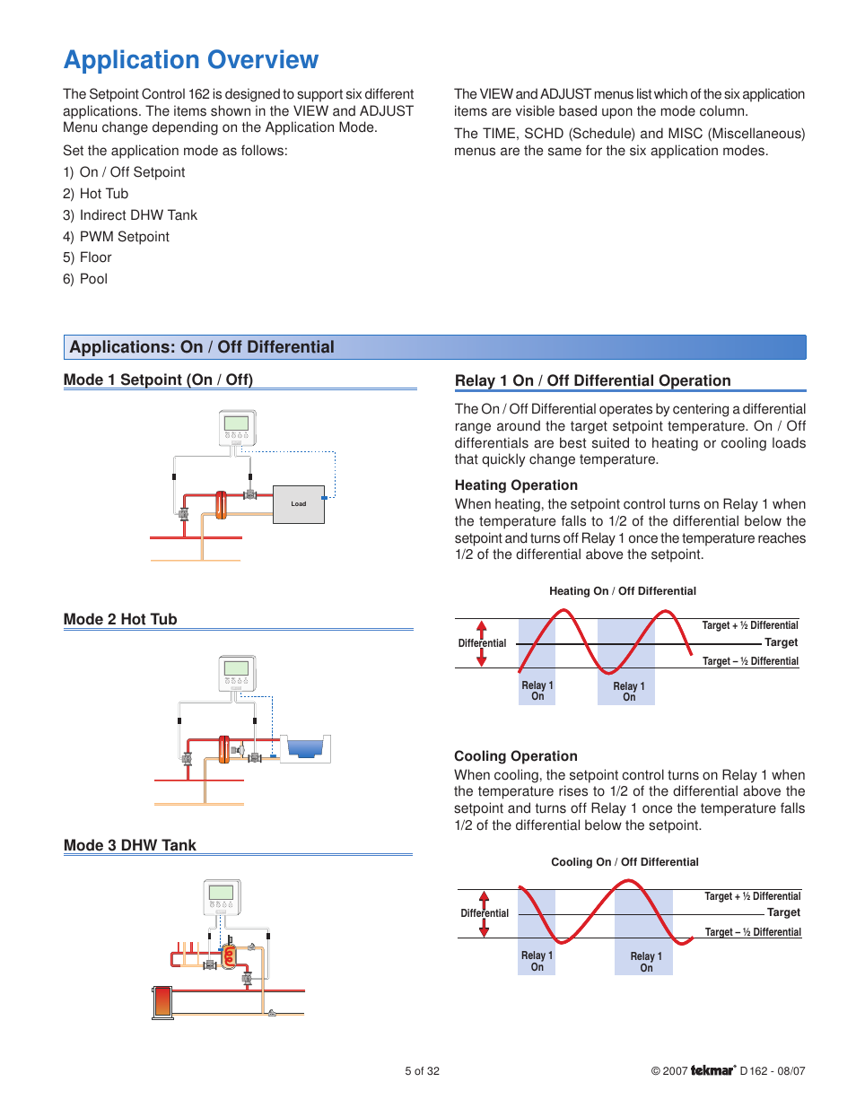 Application overview, Applications: on / off differential | tekmar 162 Setpoint Control Installation User Manual | Page 5 / 32