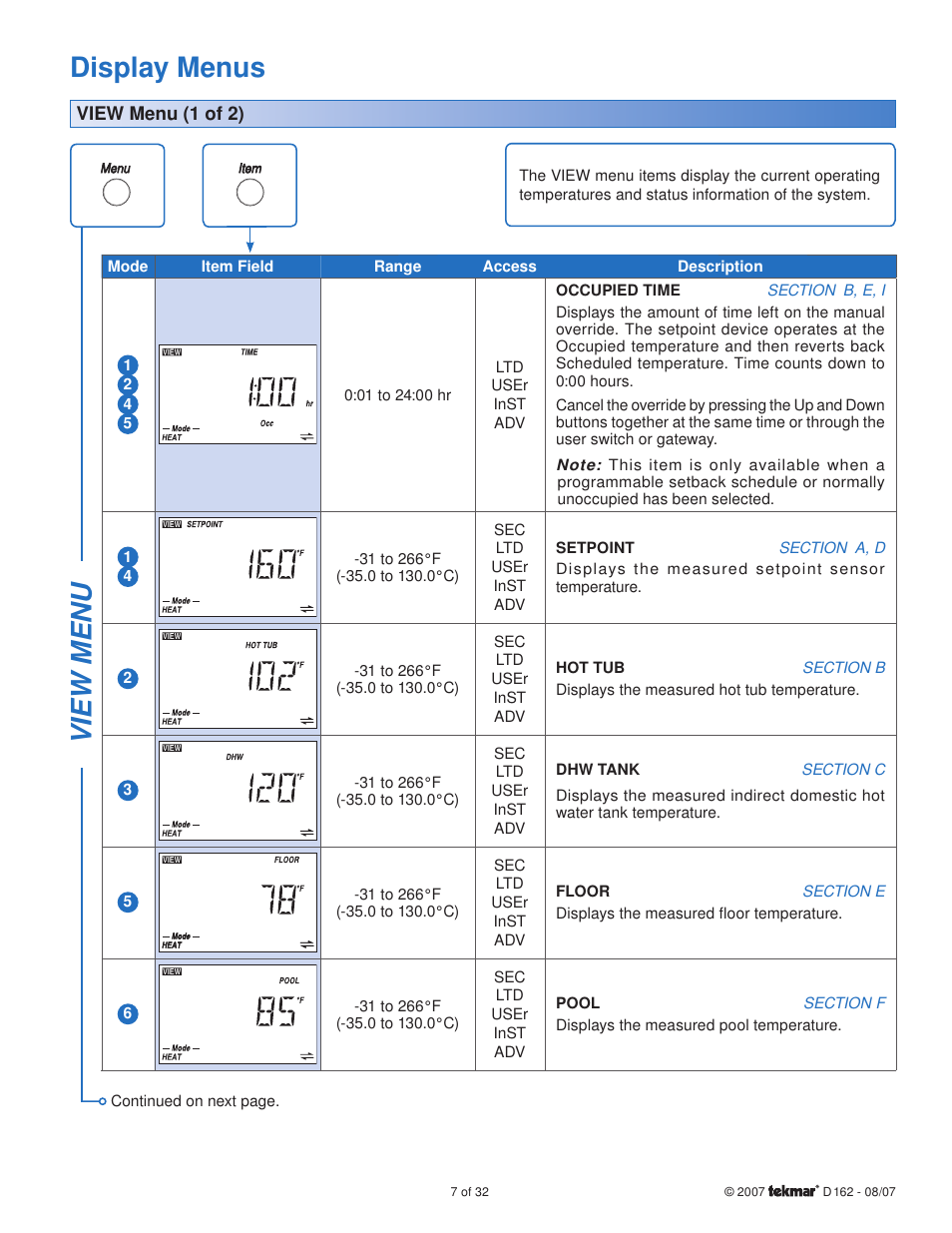 View menu, Display menus | tekmar 162 Setpoint Control Installation User Manual | Page 7 / 32