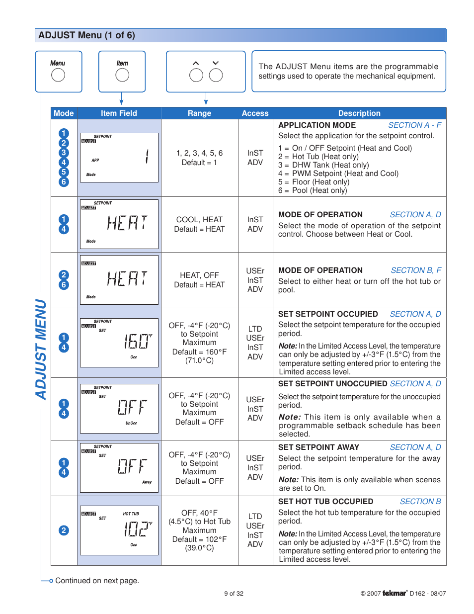 Adjus t menu | tekmar 162 Setpoint Control Installation User Manual | Page 9 / 32