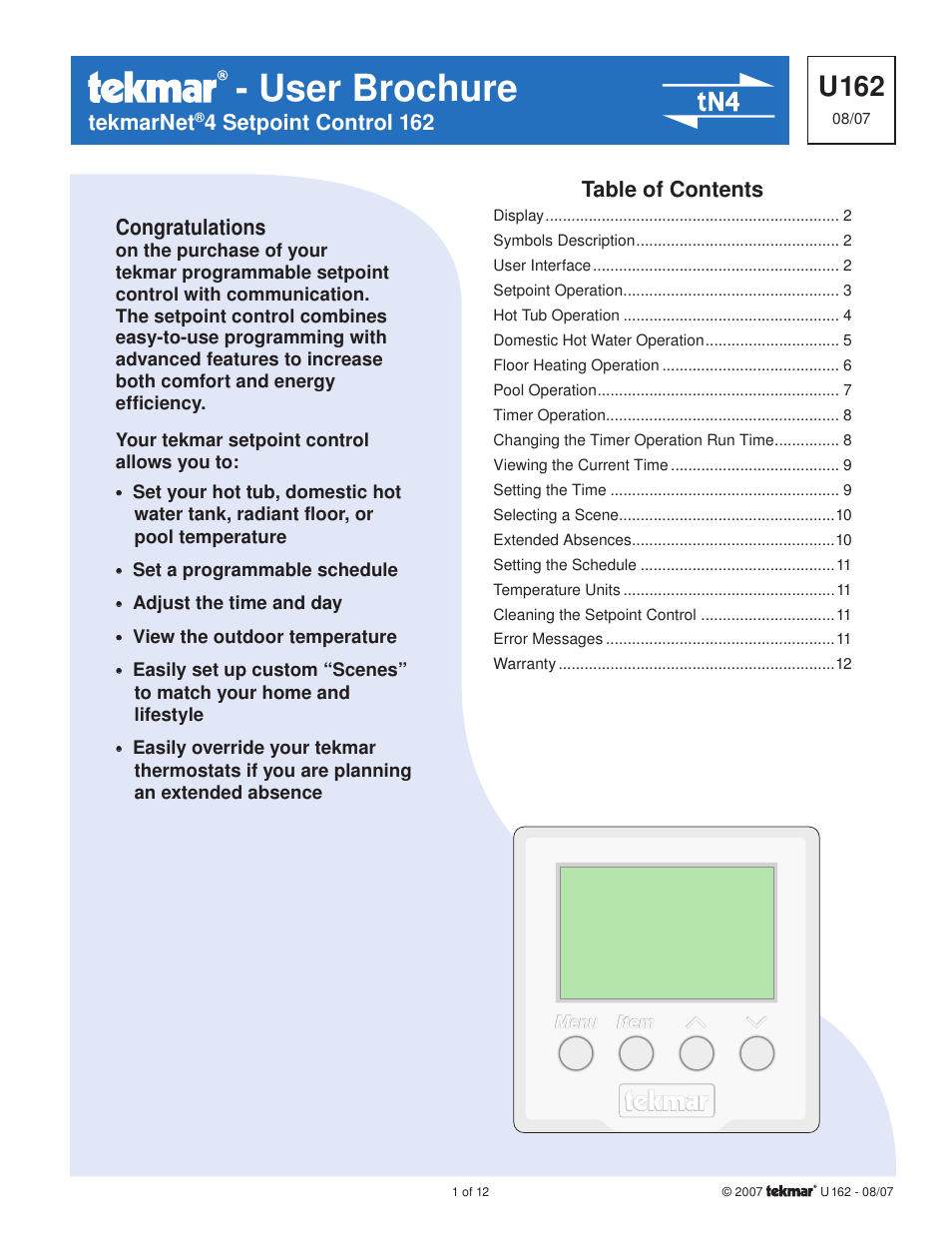 tekmar 162 Setpoint Control User Manuals User Manual | 12 pages