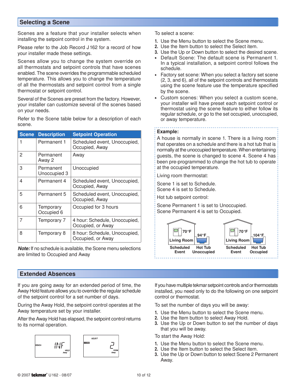 Selecting a scene, Extended absences | tekmar 162 Setpoint Control User Manuals User Manual | Page 10 / 12