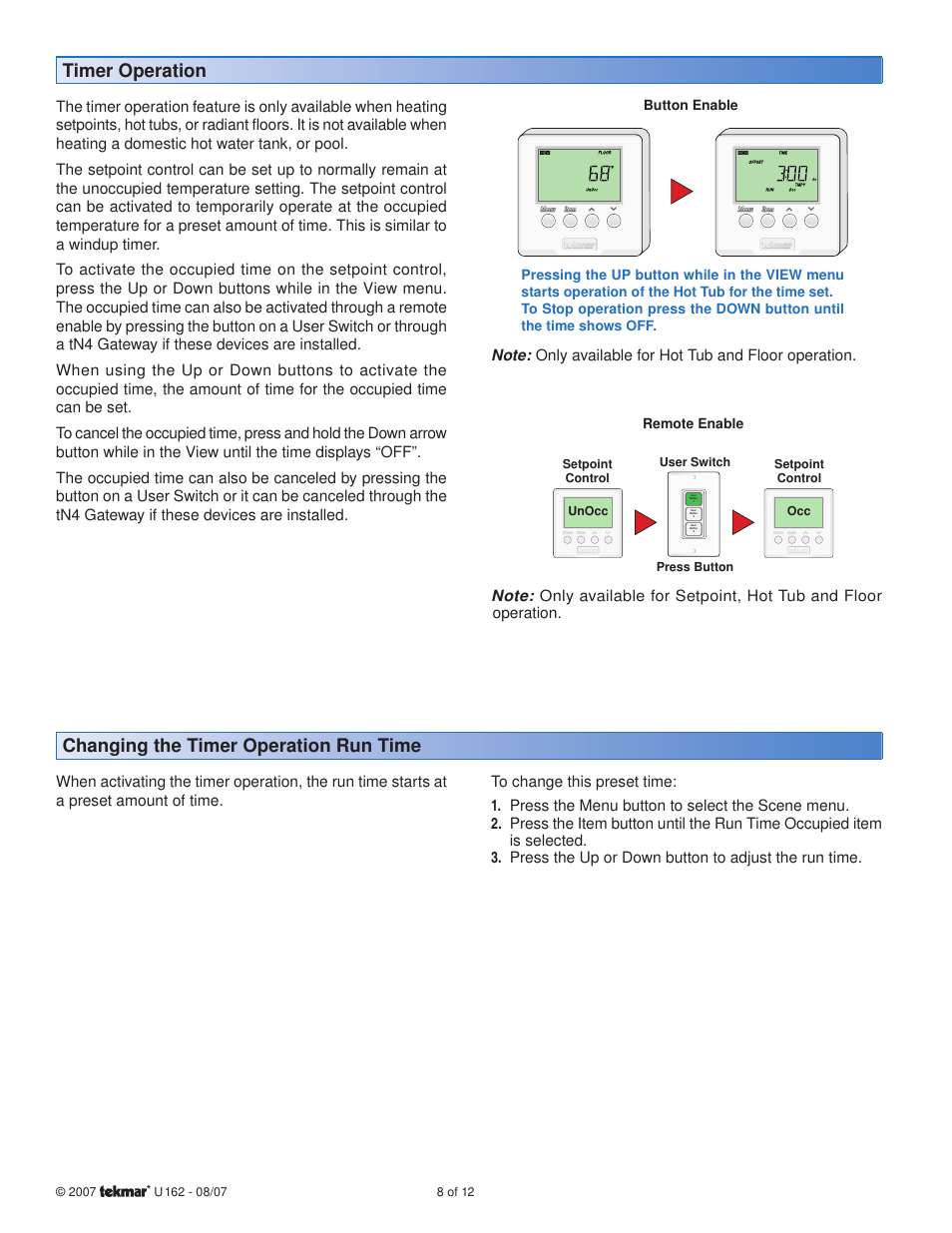 Timer operation, Changing the timer operation run time | tekmar 162 Setpoint Control User Manuals User Manual | Page 8 / 12