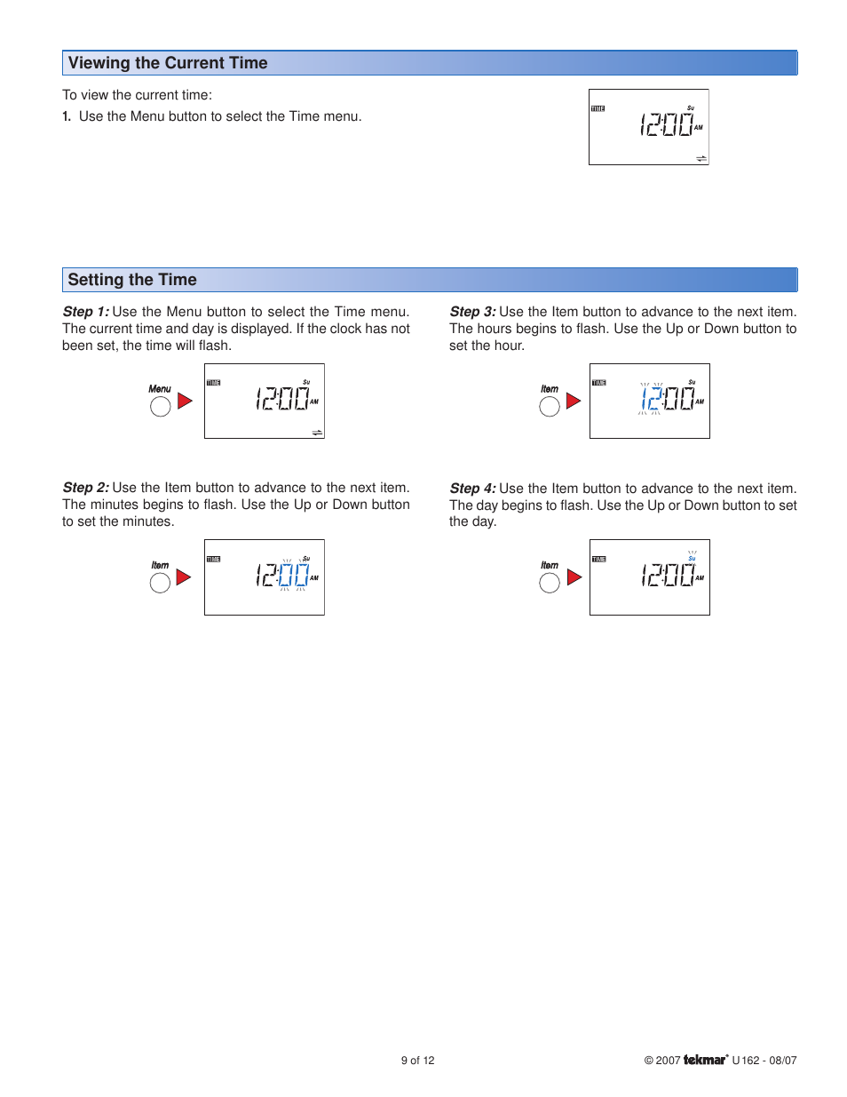 Viewing the current time, Setting the time | tekmar 162 Setpoint Control User Manuals User Manual | Page 9 / 12